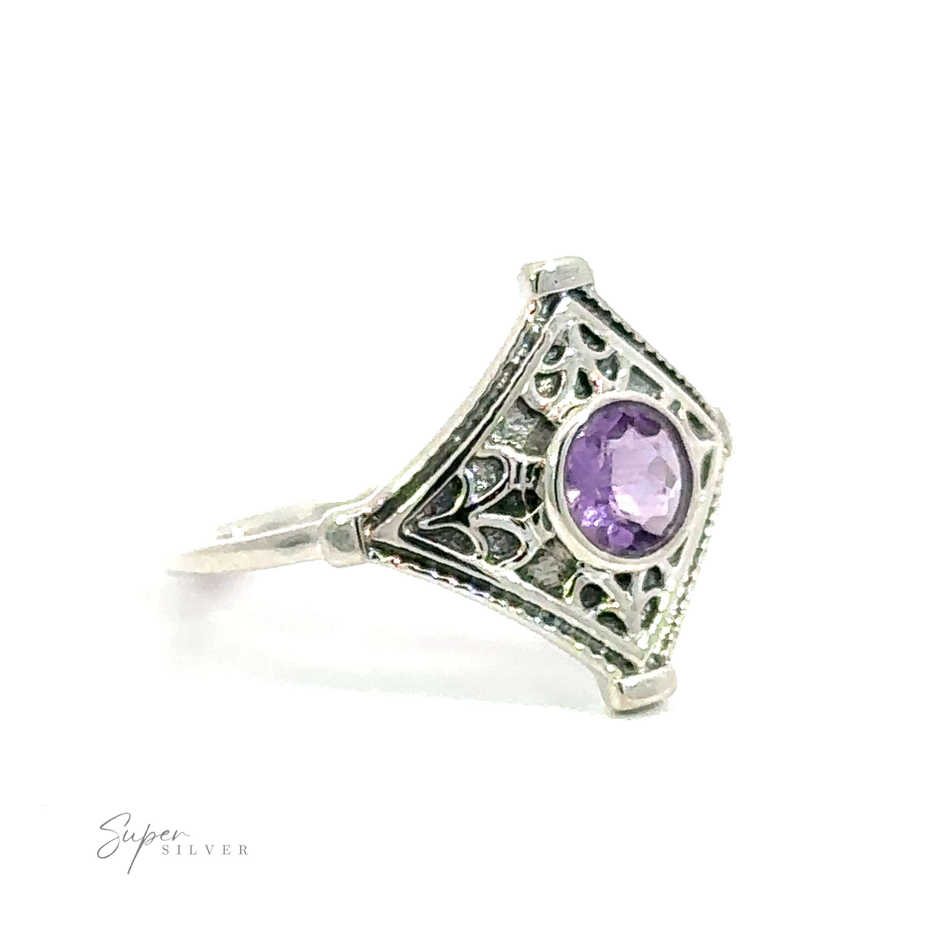 Intricate Diamond Silver Ring with a Round Gemstone crafted from .925 Sterling Silver, displayed against a white background.