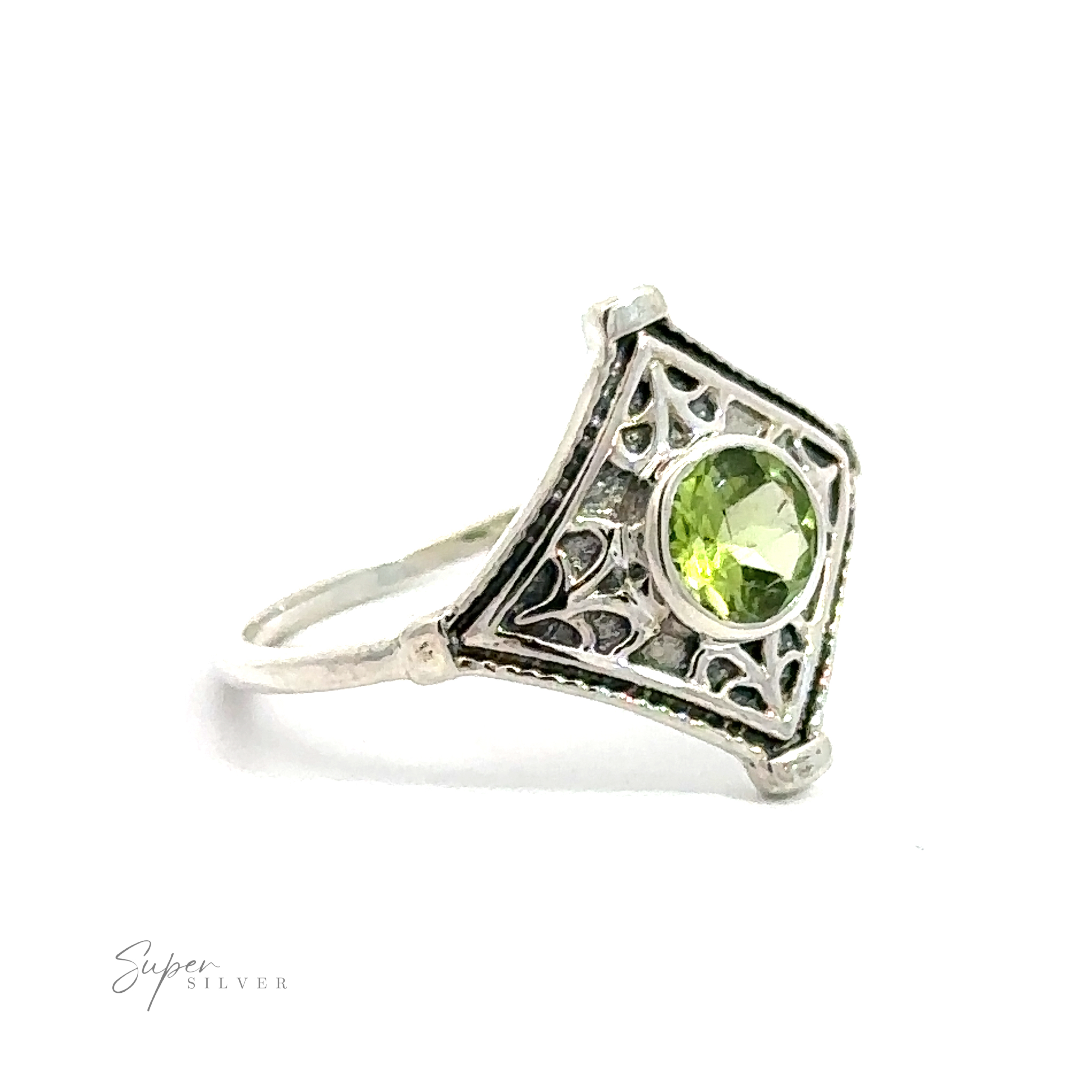 Intricate Diamond Silver Ring with a Round Gemstone, crafted from .925 Sterling Silver, displayed against a white background.