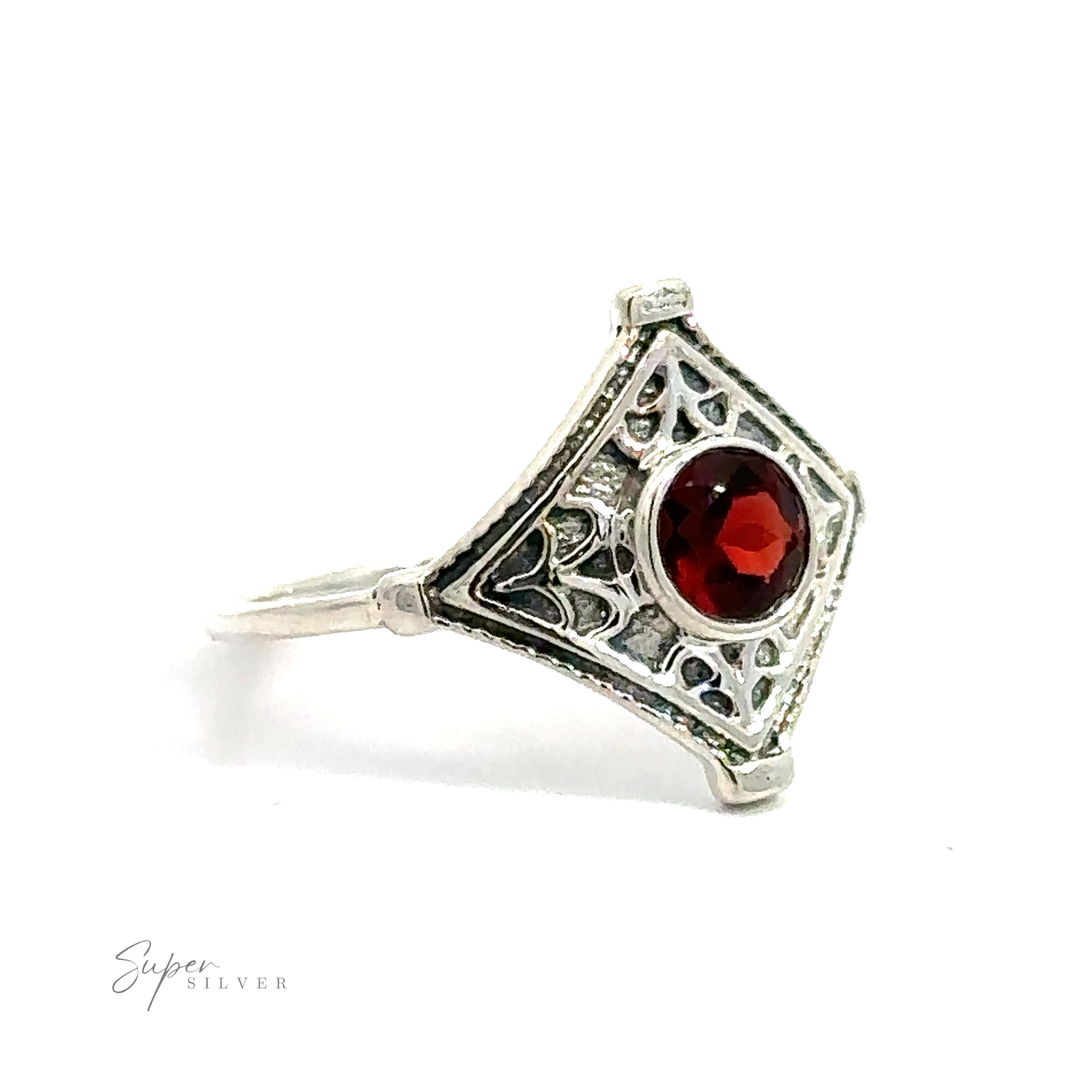 A Intricate Diamond Silver Ring with a Round Gemstone, crafted in .925 Sterling Silver, on a white background.