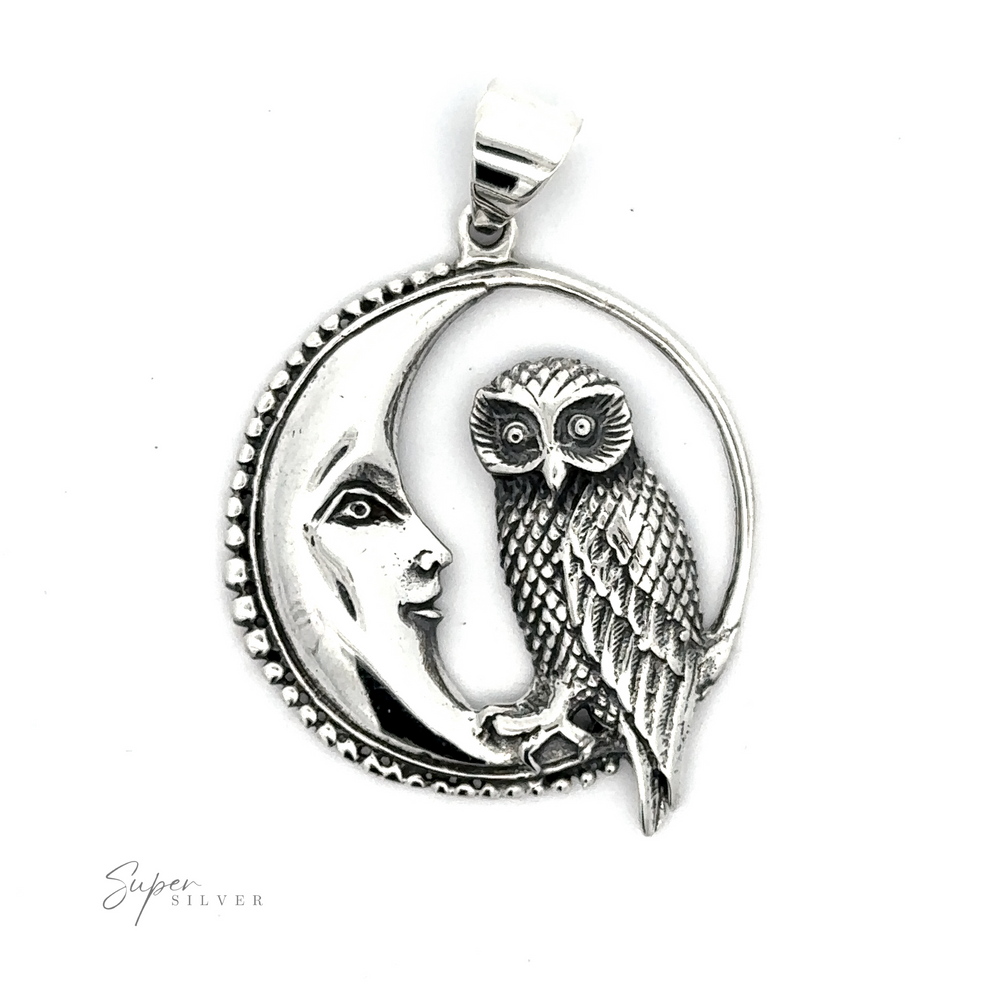 Owl and Moon Pendant featuring a crescent moon with a human face and an owl perched within its curve, symbolizing wisdom.