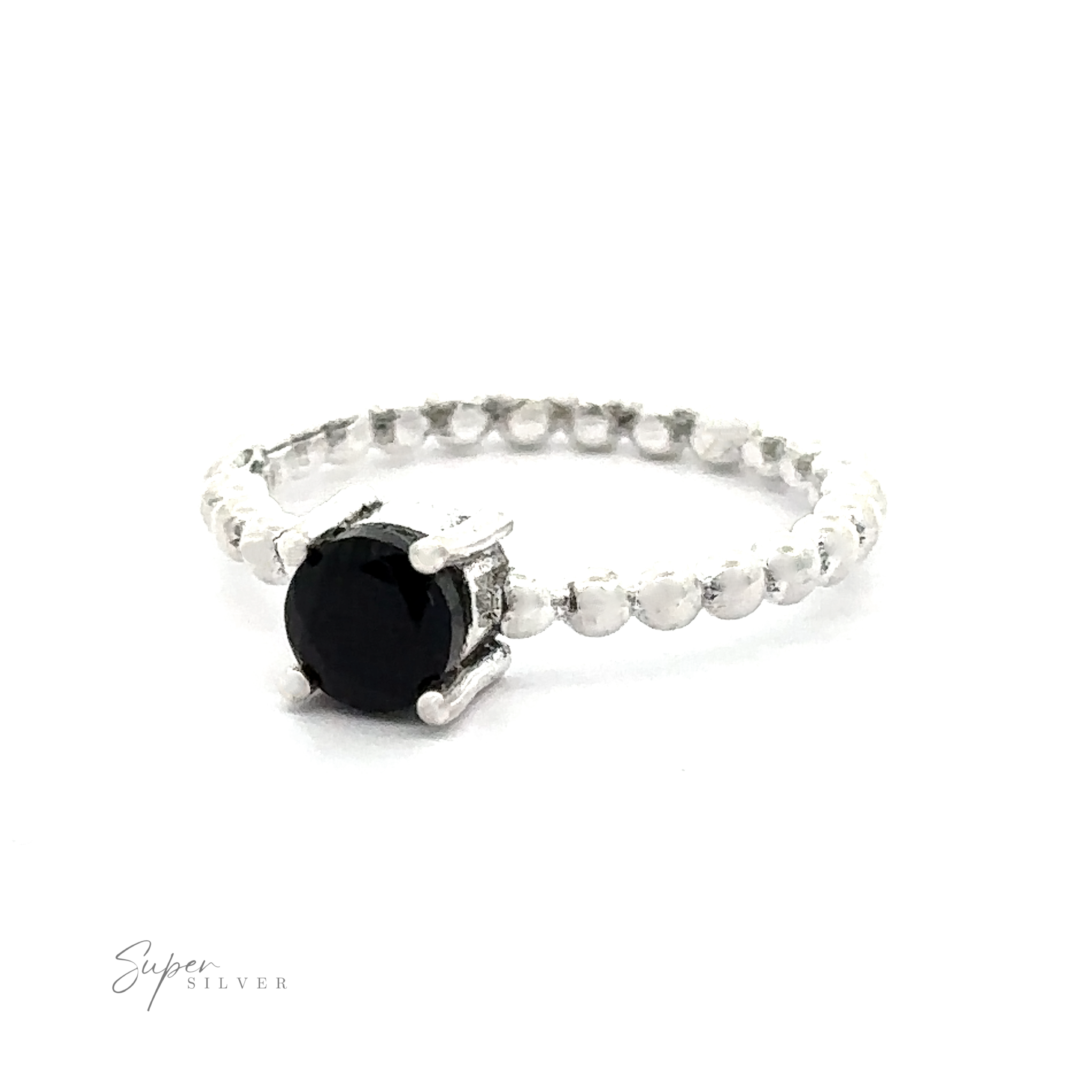 Stunning Circular Gemstone ring with a black stone and beaded band design.