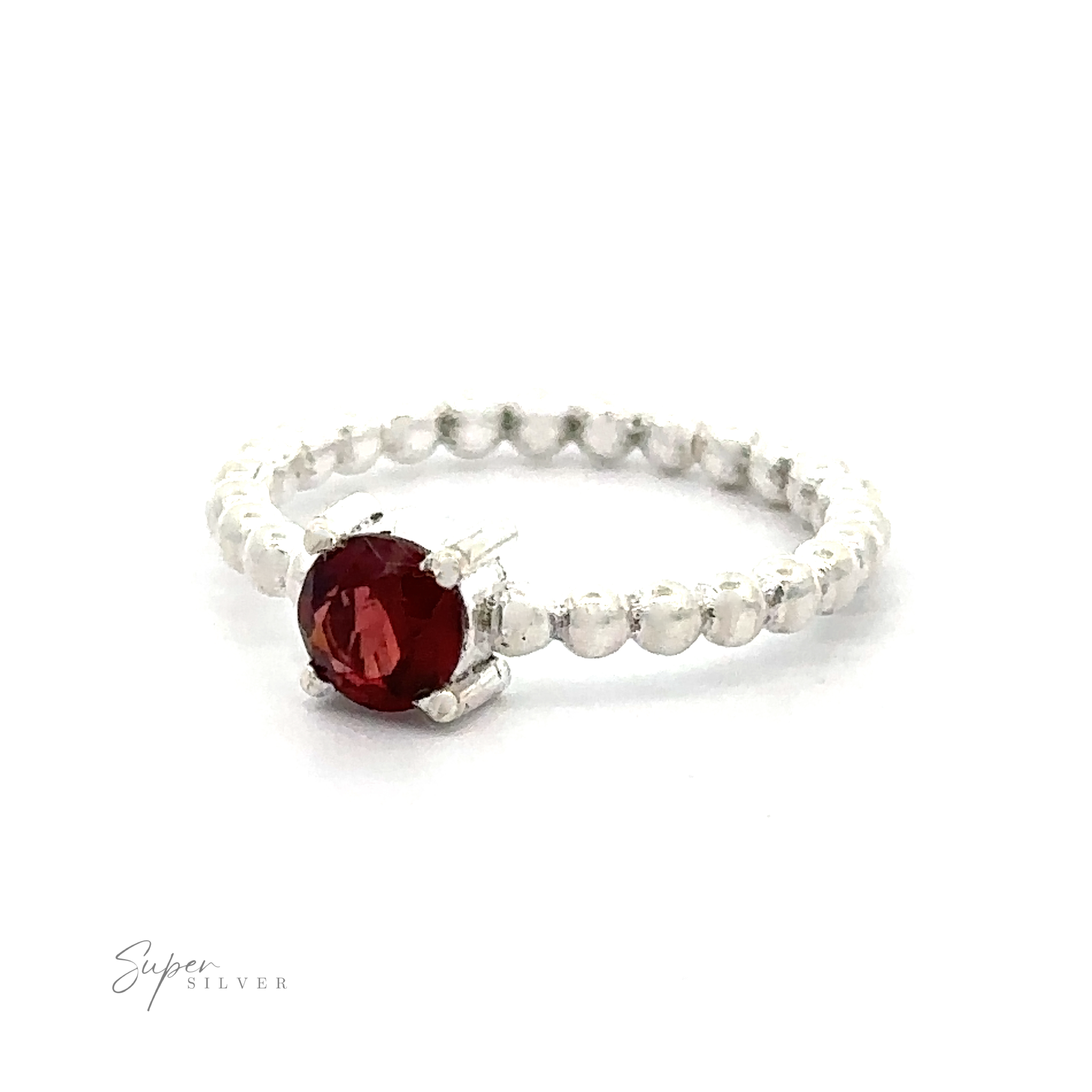 Stunning Circular Gemstone Ring with Beaded Band with a single vibrant red gemstone centerpiece.