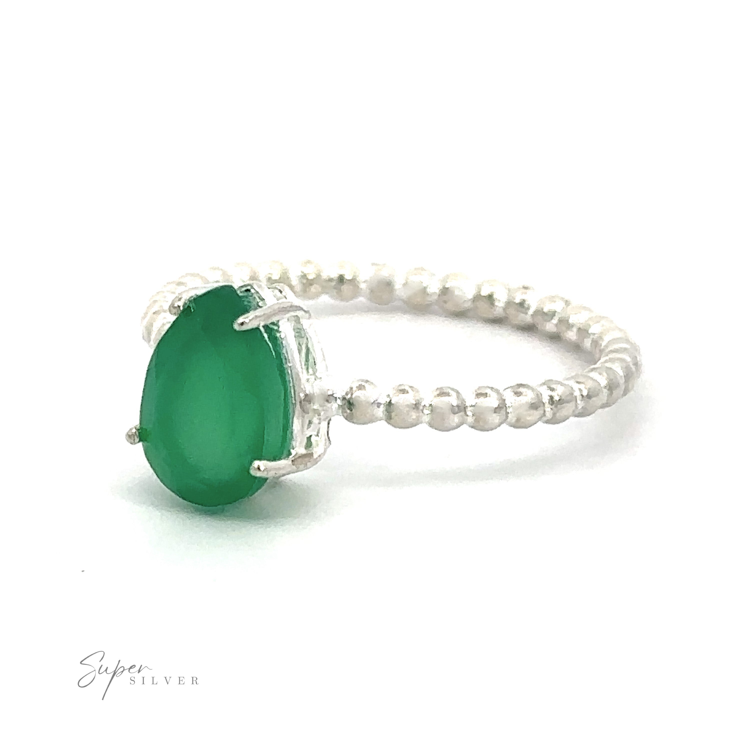 Vibrant Teardrop Gemstone Ring with Beaded Band with a .925 Sterling Silver prong setting and a green teardrop gemstone.