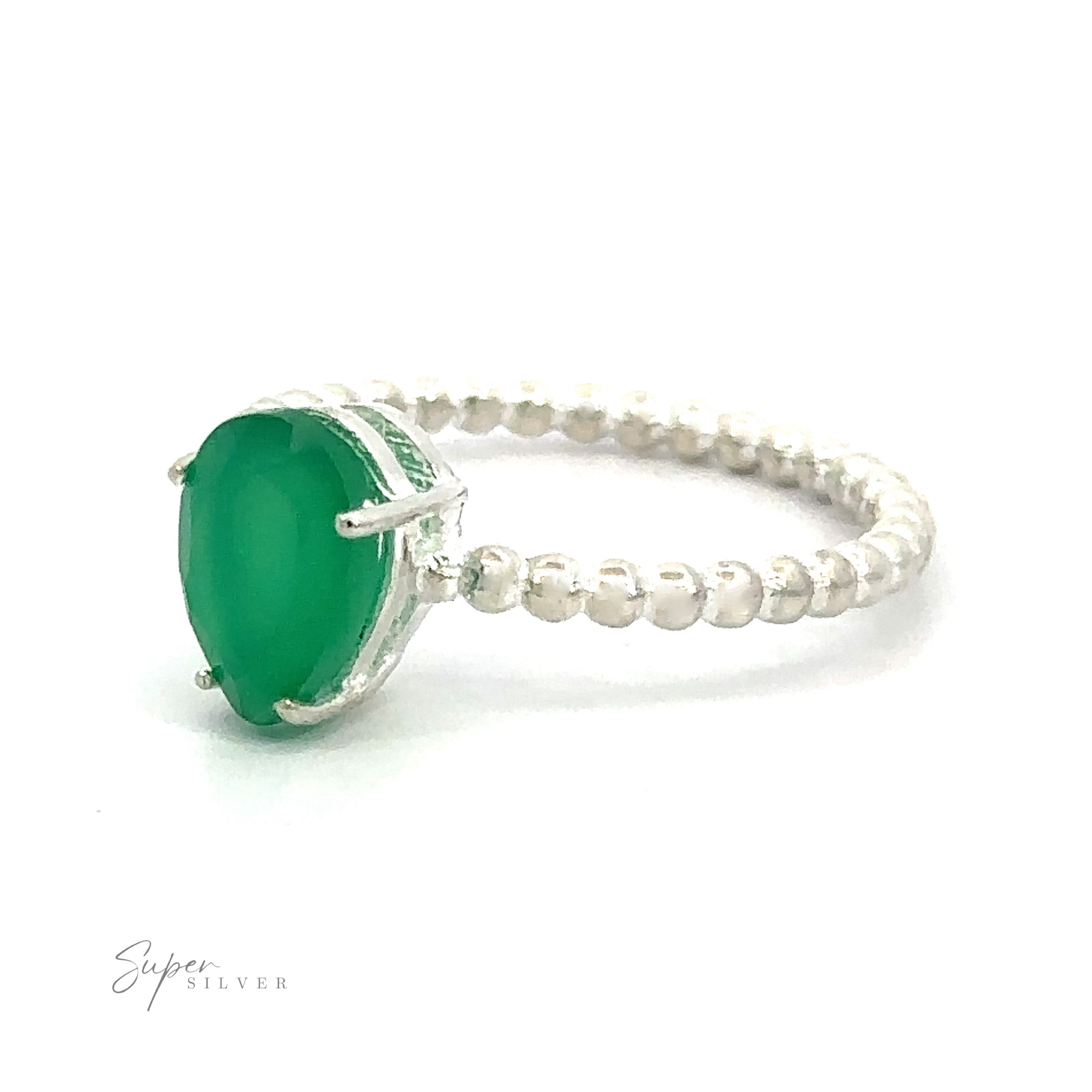 A Vibrant Teardrop Gemstone Ring with Beaded Band, which is made of .925 sterling silver.
