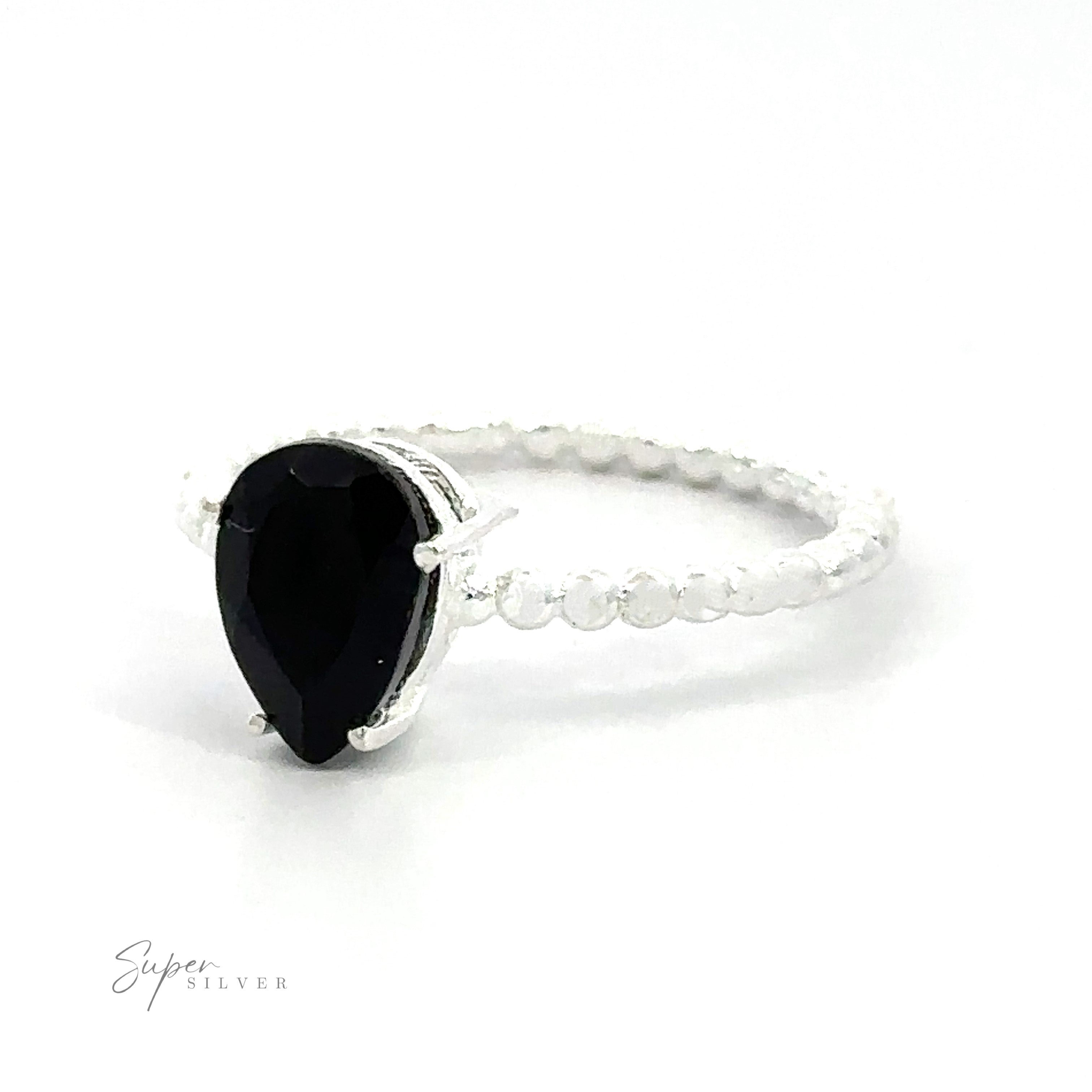 Sterling silver ring with a Vibrant Teardrop Gemstone Ring with Beaded Band on a white background.