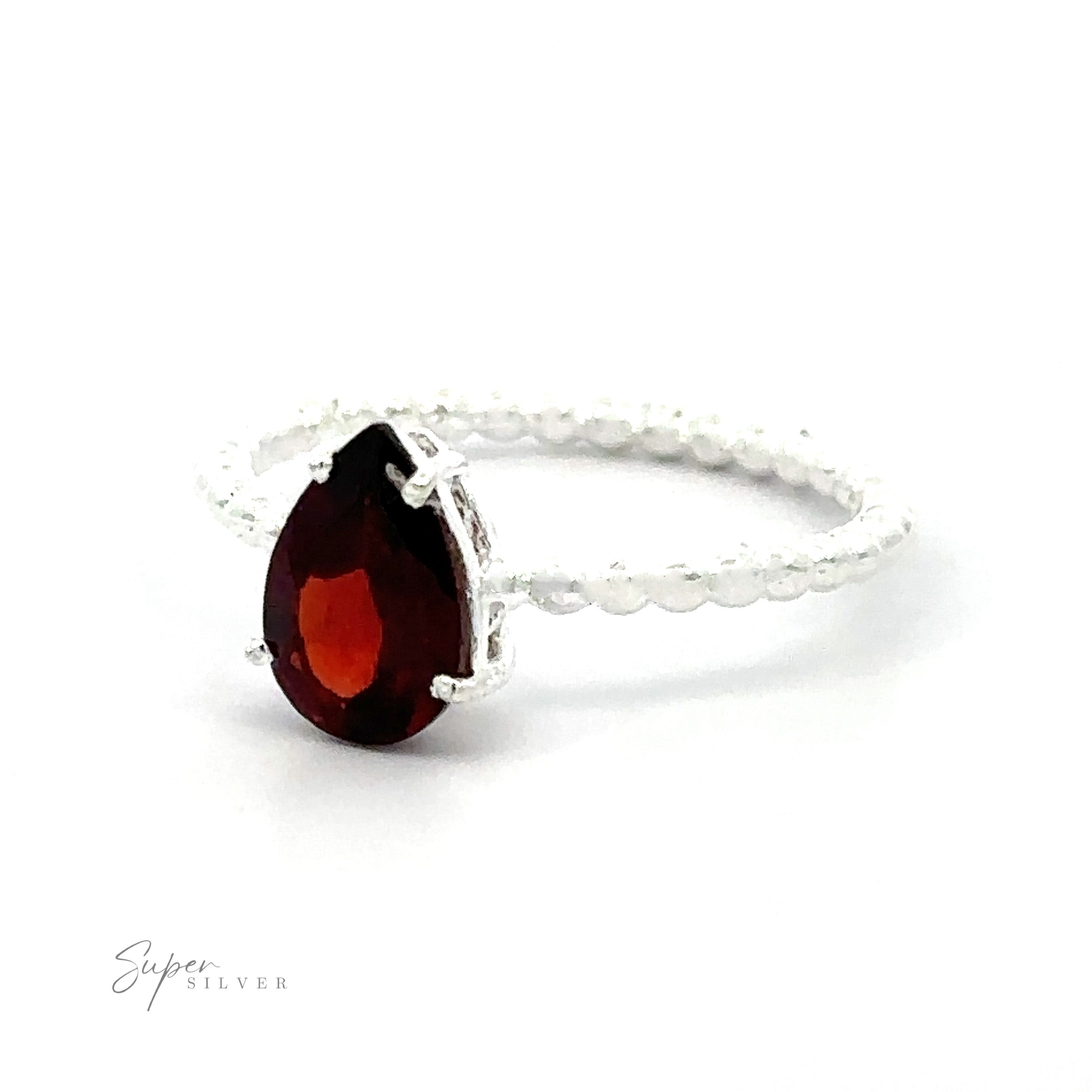 Sterling Silver Vibrant Teardrop Gemstone Ring with Beaded Band on a white background.