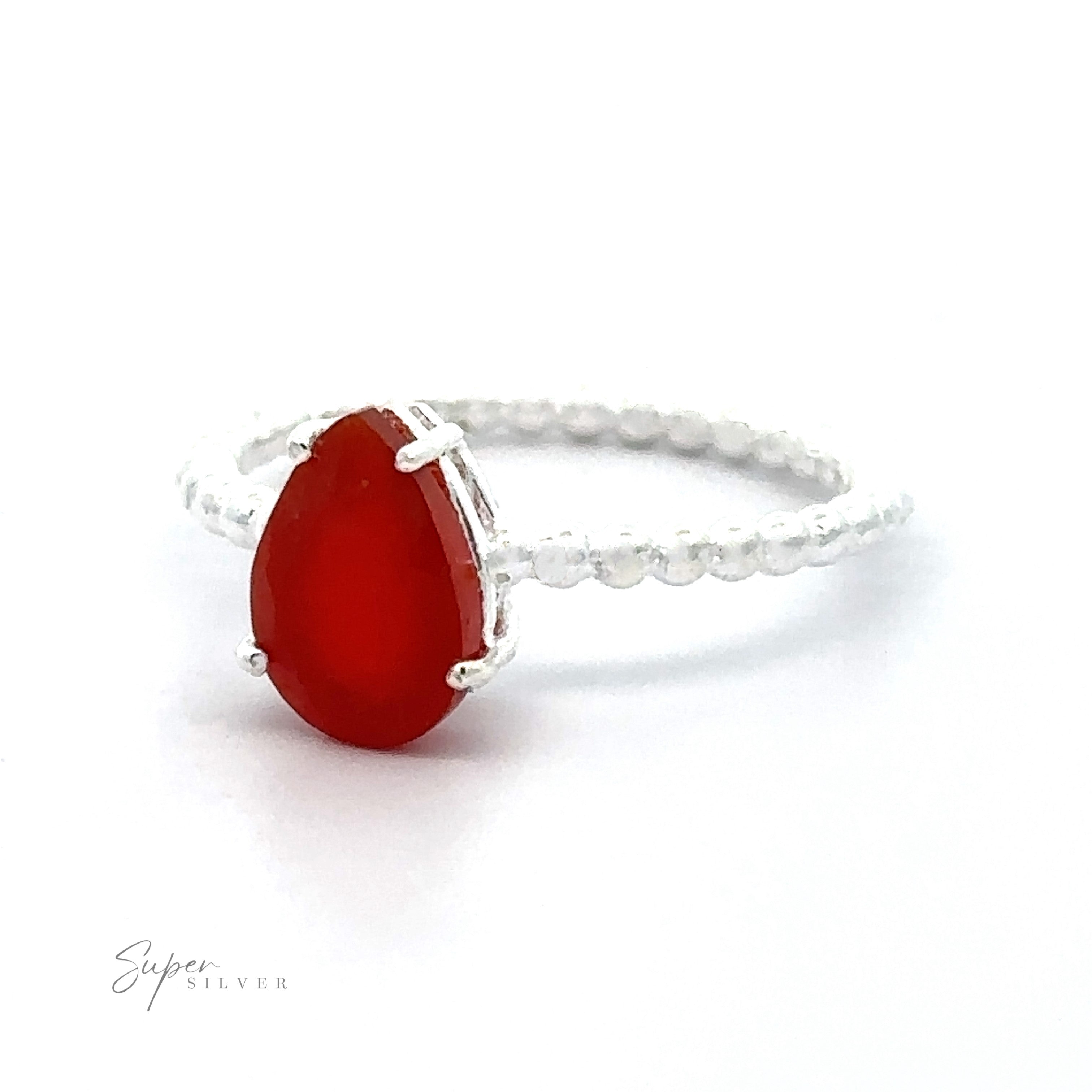 Sterling silver Vibrant Teardrop Gemstone Ring with beaded band on a white background.