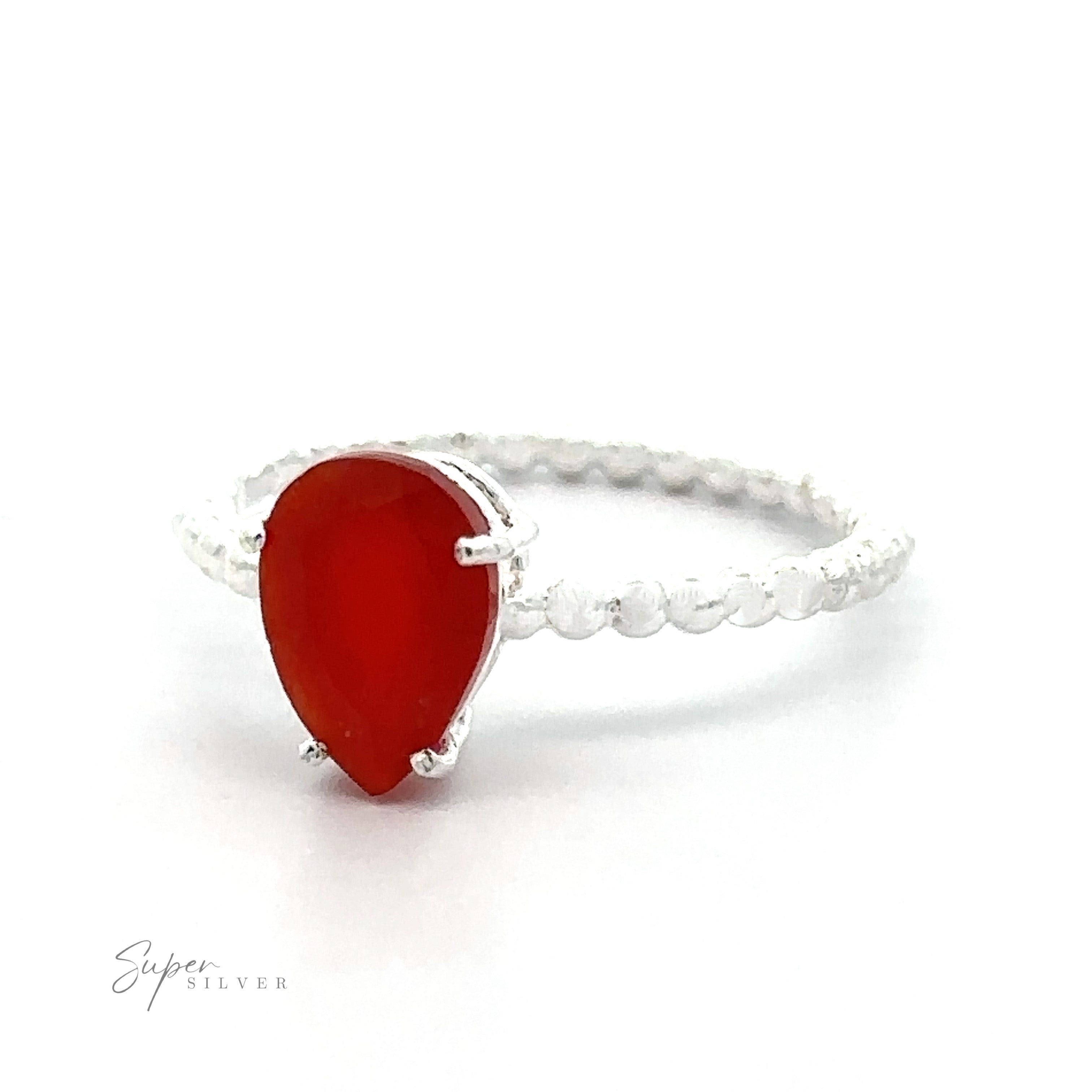 Sterling silver ring with a Vibrant Teardrop Gemstone Ring with Beaded Band on a white background.