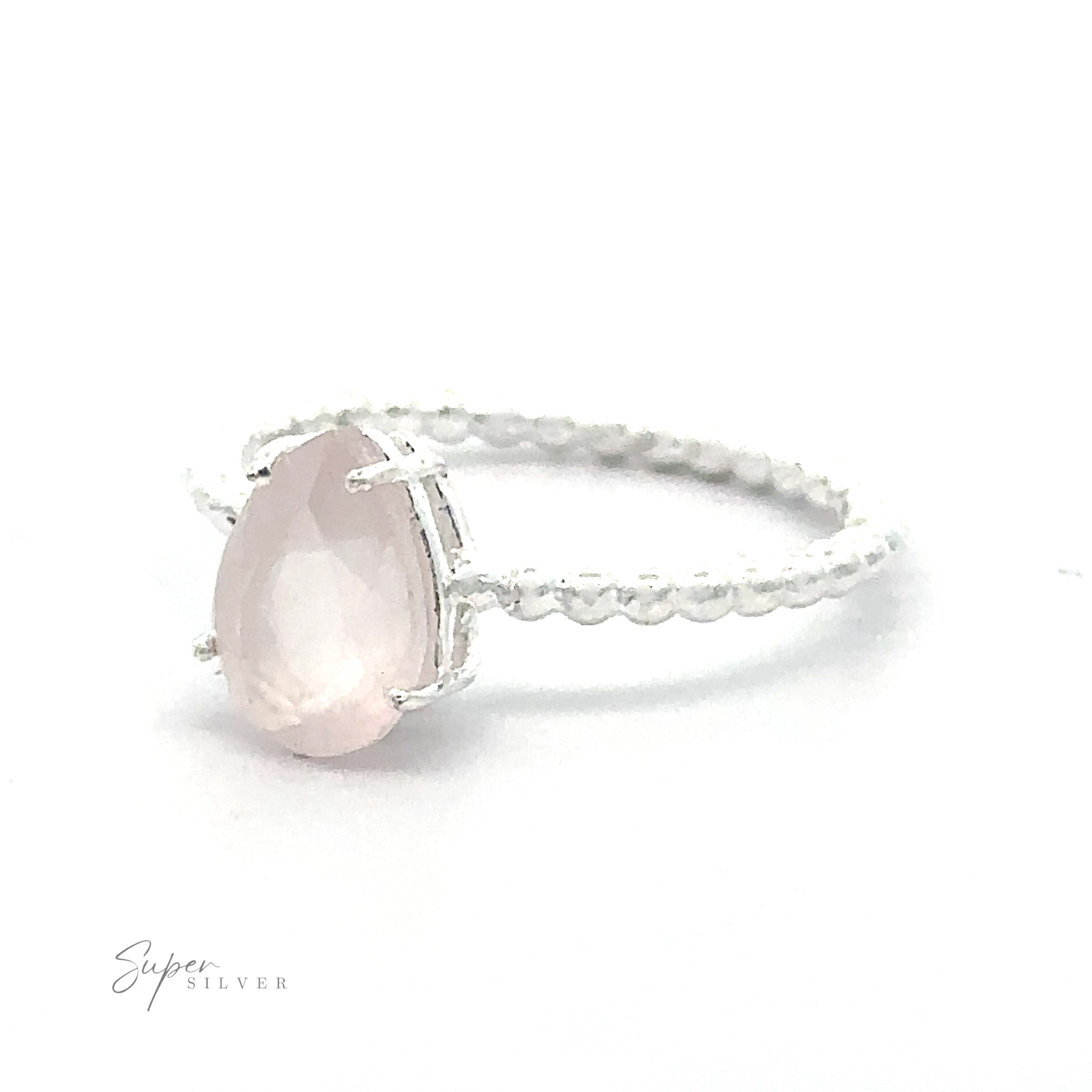 A sterling silver Vibrant Teardrop Gemstone Ring with Beaded Band on a white background.