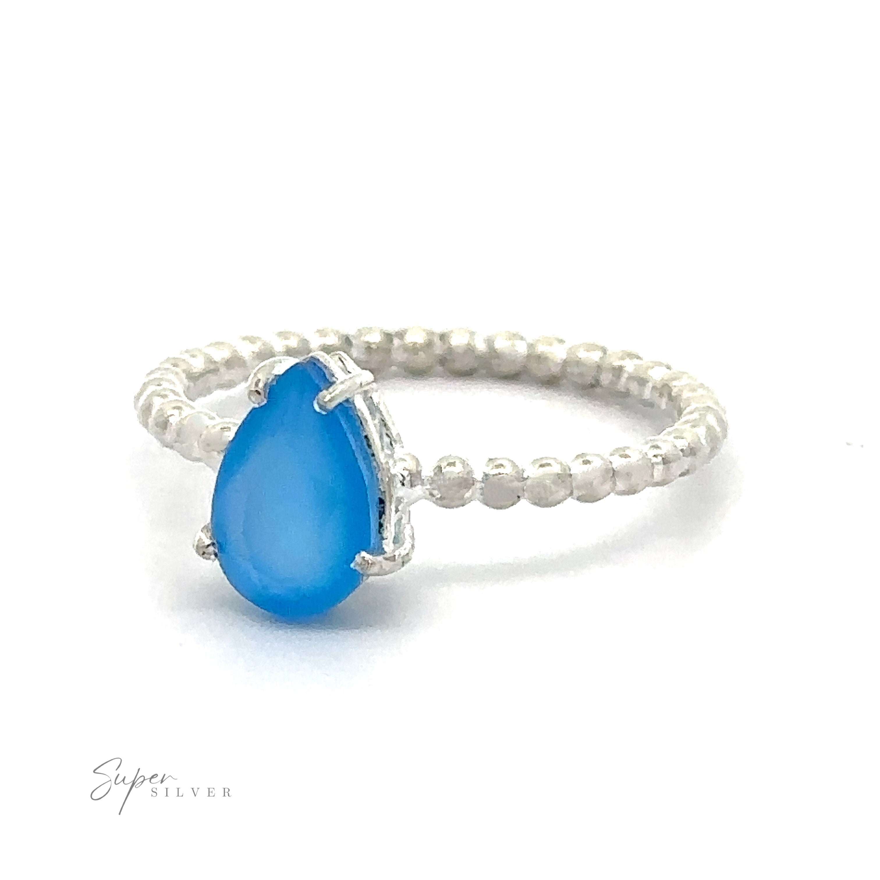 A .925 sterling silver ring with a Vibrant Teardrop Gemstone in a prong setting.