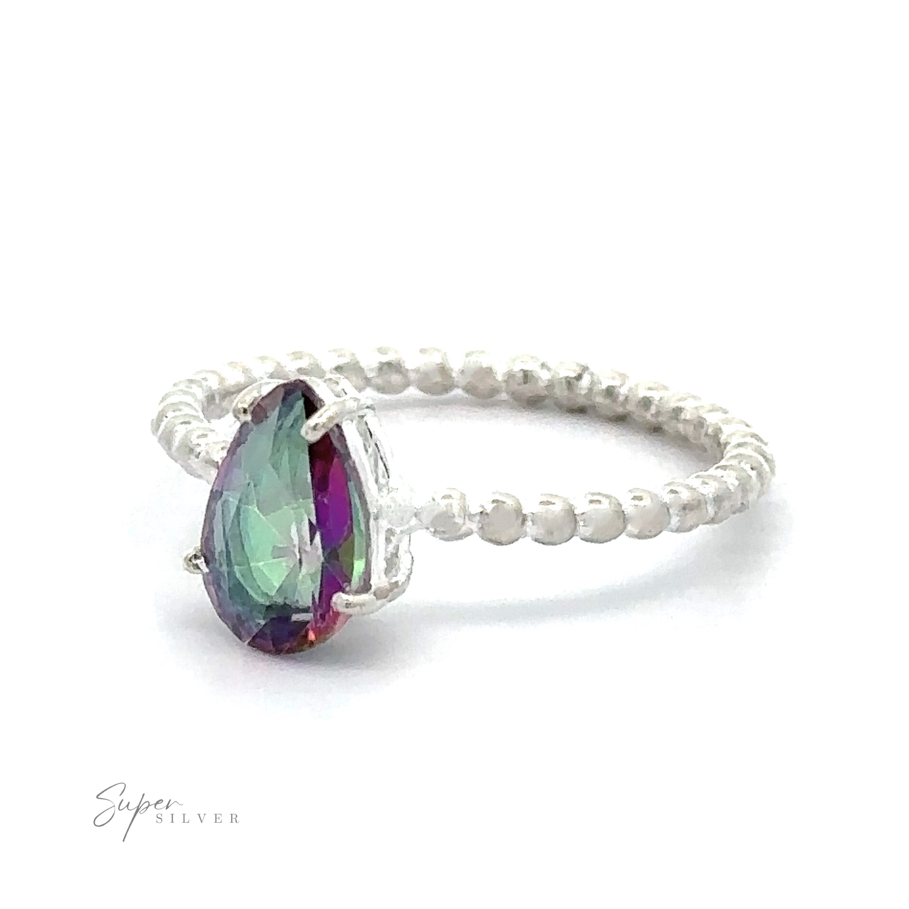 Vibrant Teardrop Gemstone Ring with Beaded Band made of .925 Sterling Silver on a white background.