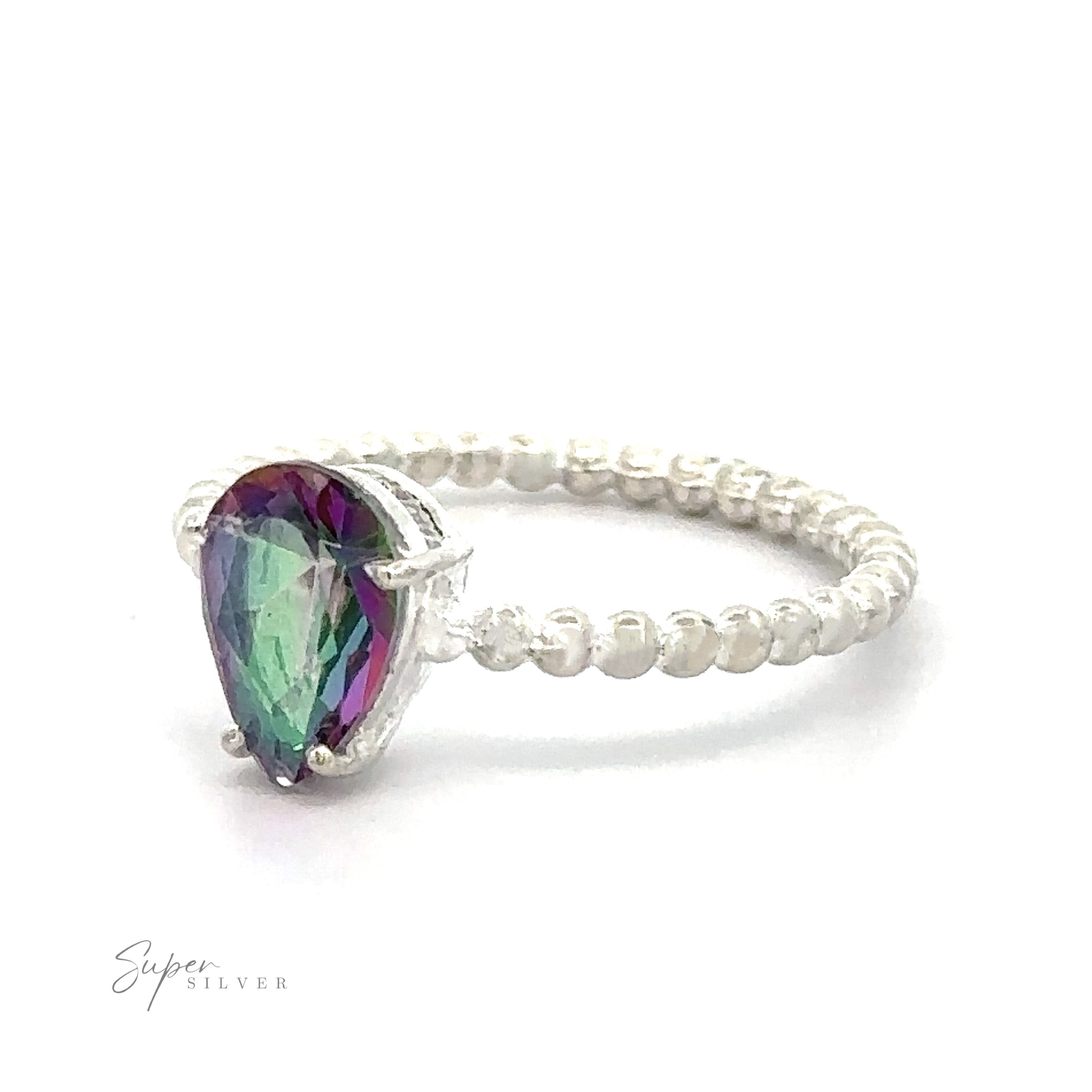 Vibrant Teardrop Gemstone Ring with Beaded Band with a prong setting on a white background.
