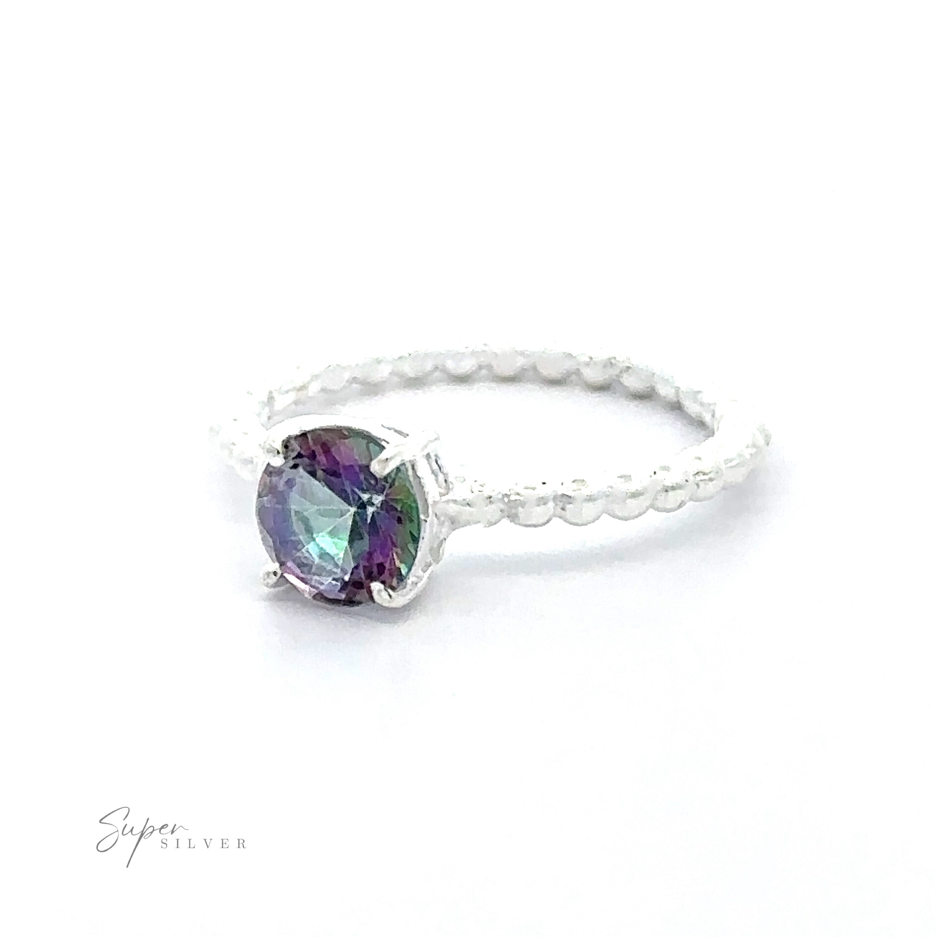 Sentence with Product Name: A Stunning Circular Gemstone Ring with Beaded Band Small Sizes set on a white background.