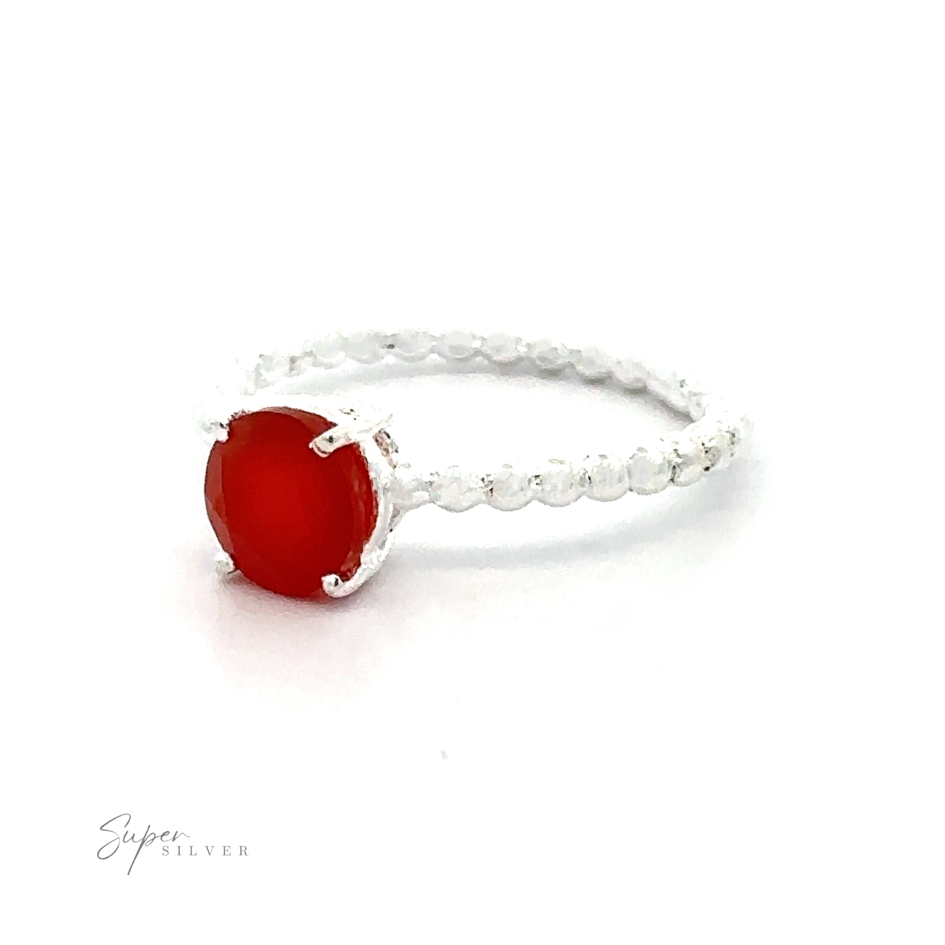 Stunning Circular Gemstone Ring with Beaded Band Small Sizes with vibrant gemstone on a white background.