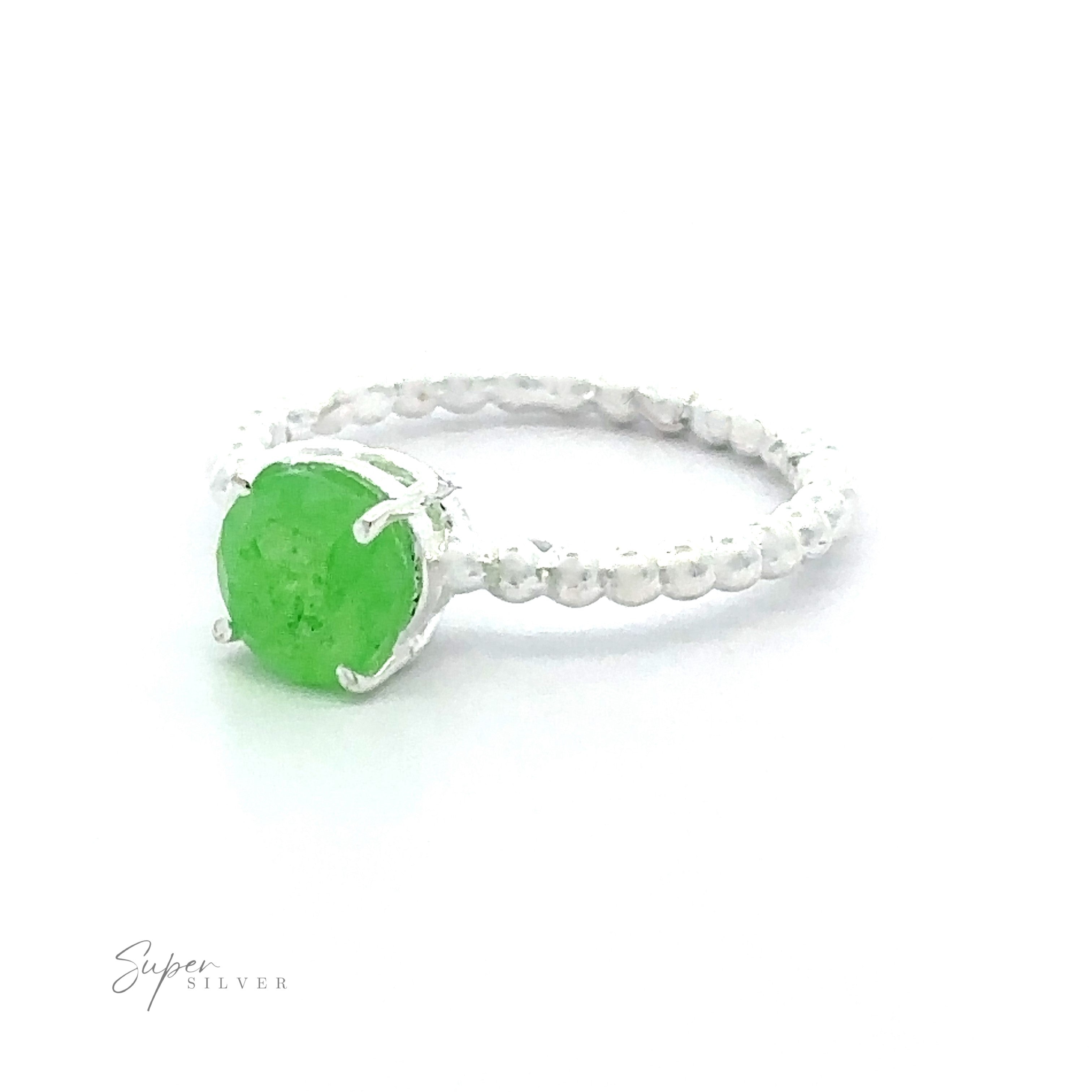 Stunning Circular Gemstone Ring with Beaded Band Small Sizes with a vibrant green oval gemstone on a white background.