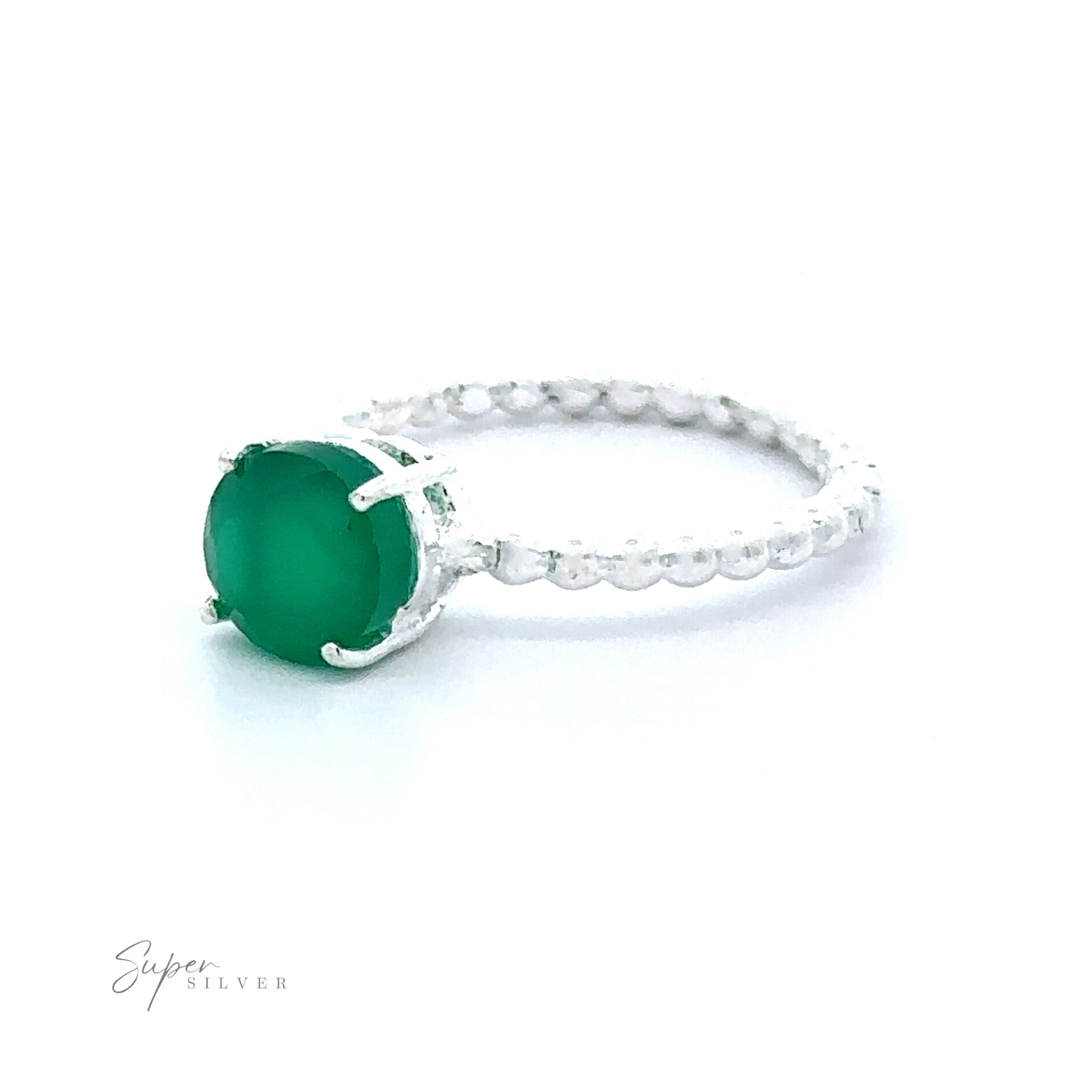 Stunning Circular Gemstone Ring with Beaded Band Small Sizes featuring a single vibrant green gemstone against a white background.