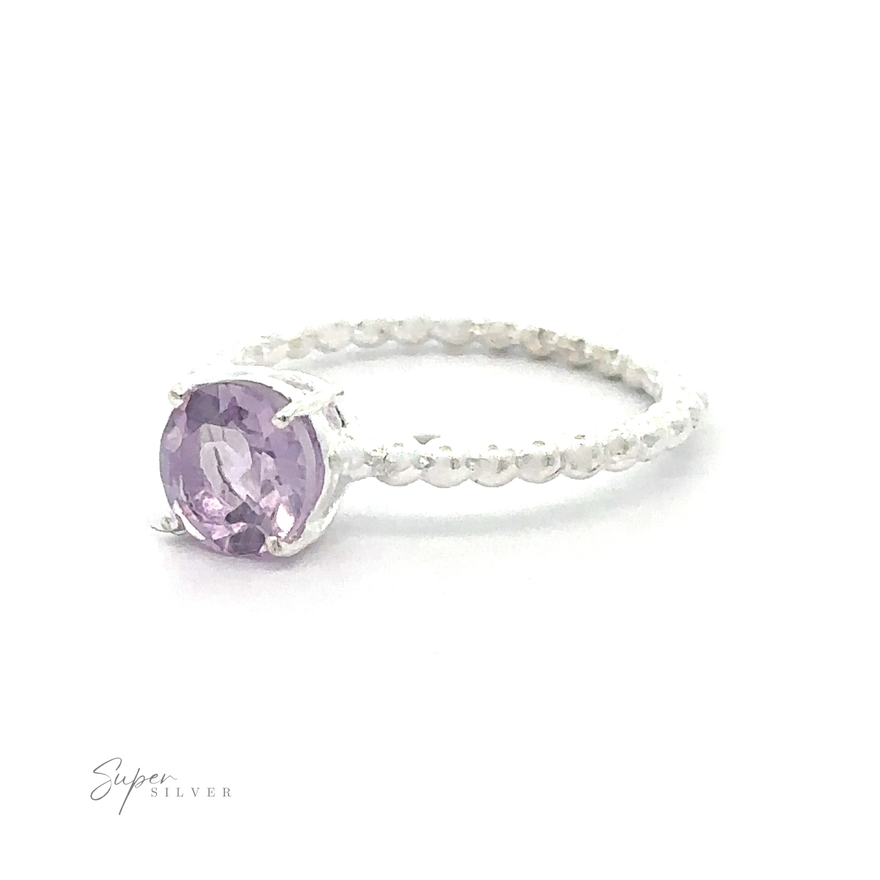 Stunning Circular Gemstone Ring with Beaded Band Small Sizes with a vibrant purple gemstone on a white background.