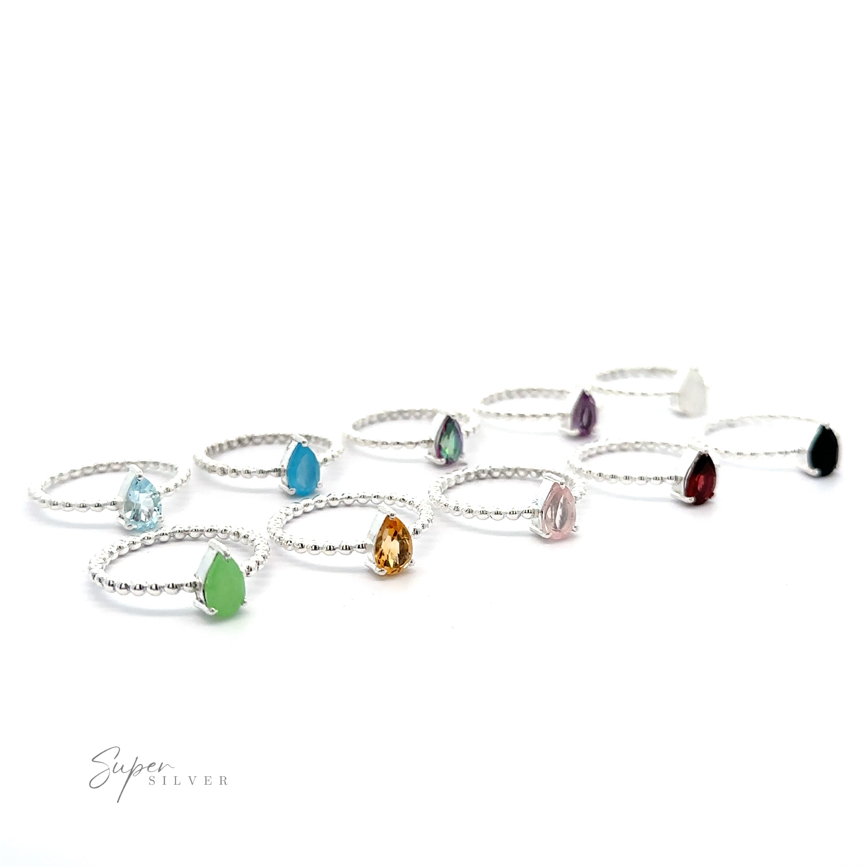 A selection of Sparkling Teardrop Gemstone on Beaded Band bracelets with various colored gemstone accents displayed against a white background.