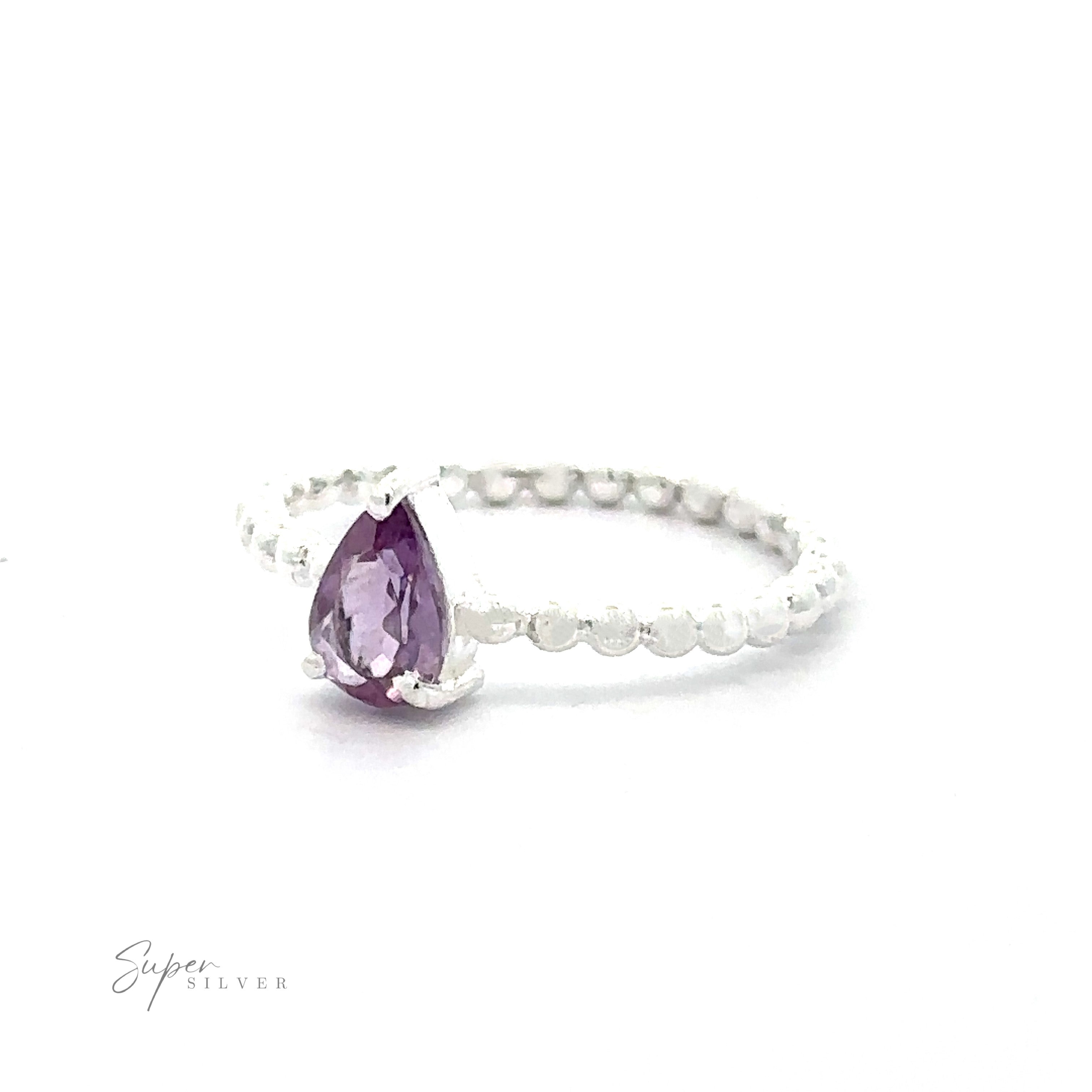 .925 Sterling Silver ring with a Sparkling Teardrop Gemstone on Beaded Band in a prong setting on a white background.