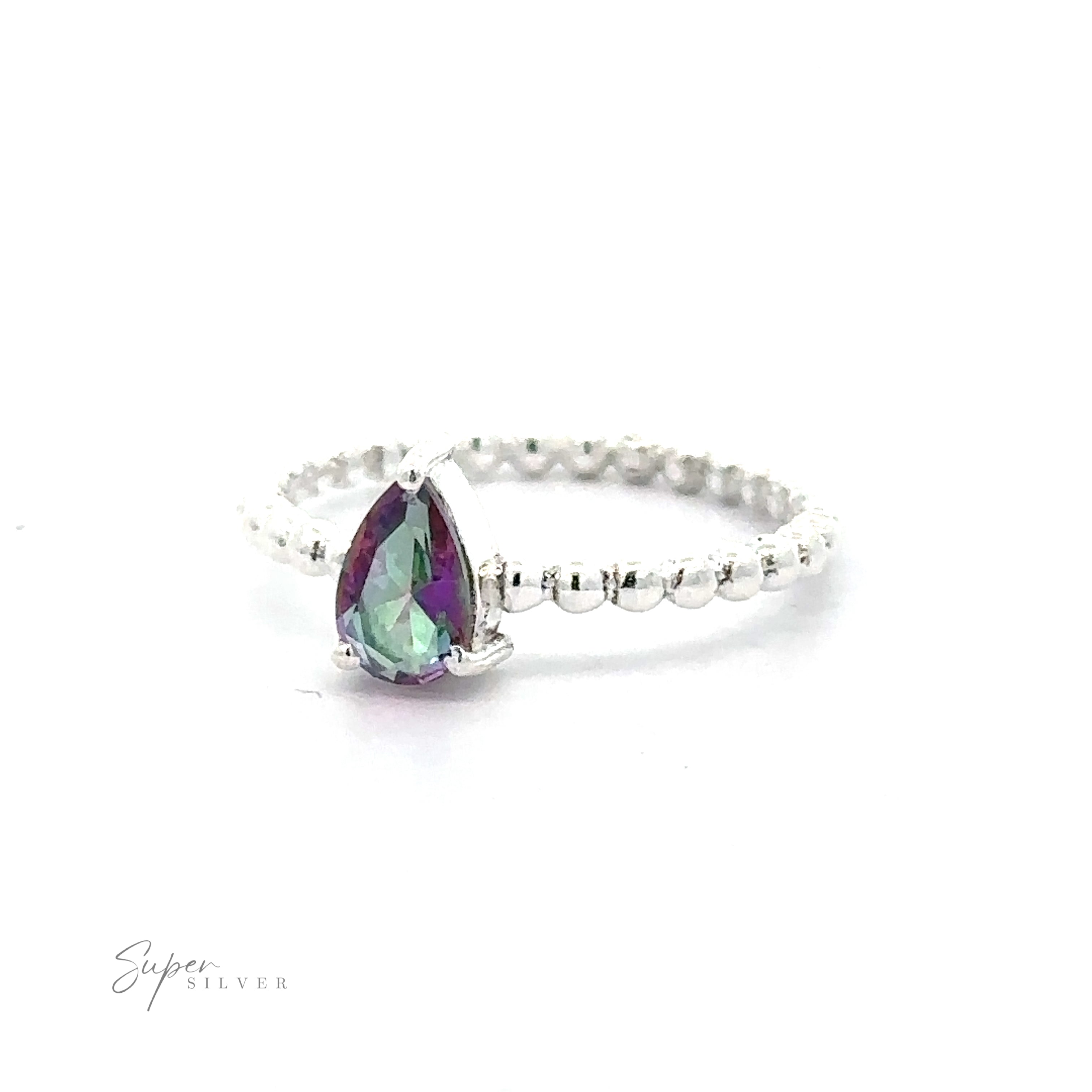 A Sparkling Teardrop Gemstone on Beaded Band with a multicolored gemstone on a white background.