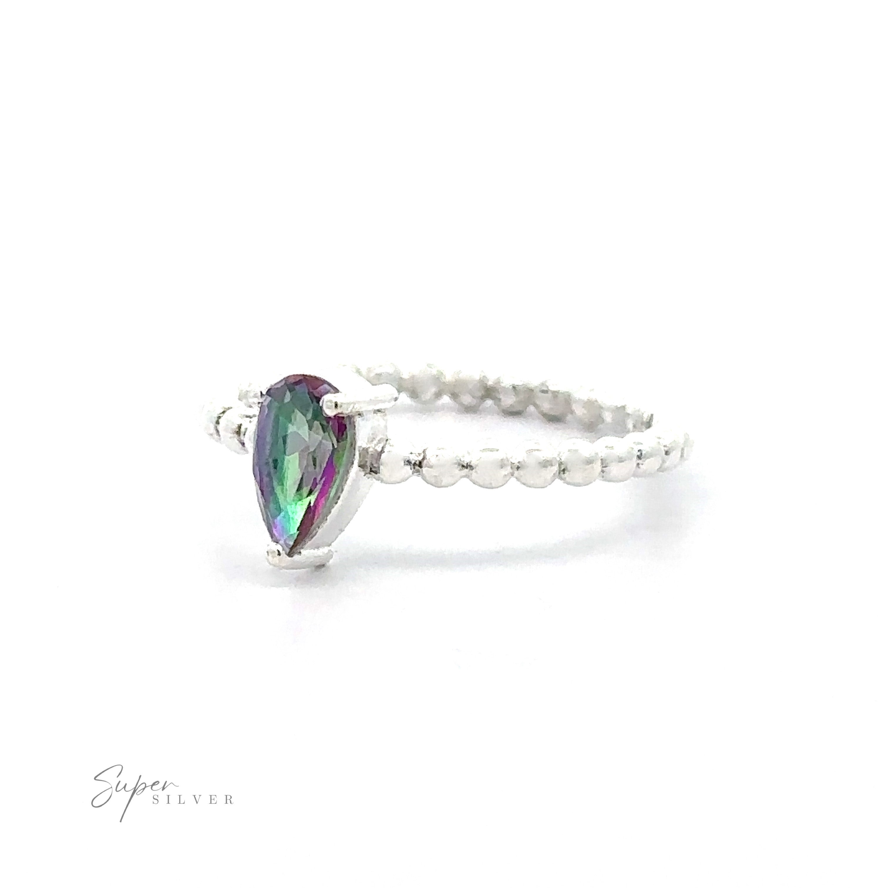 Sentence with replacement: Sparkling Teardrop Gemstone on Beaded Band with a prong setting.
