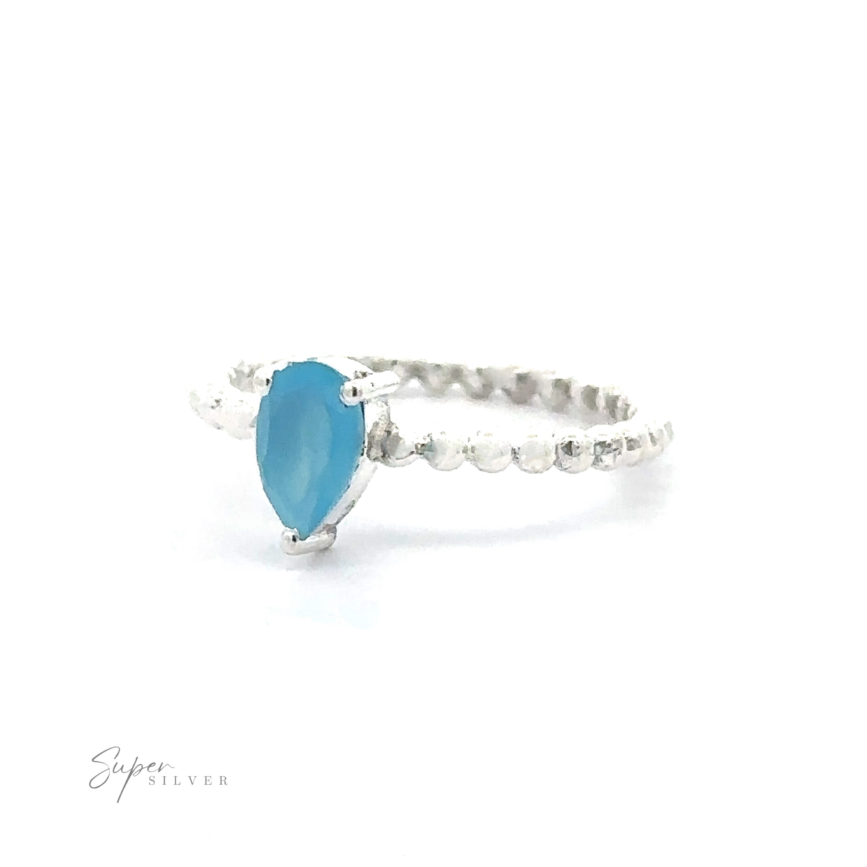 Silver .925 Sterling Silver ring with a Sparkling Teardrop gemstone on a white background.