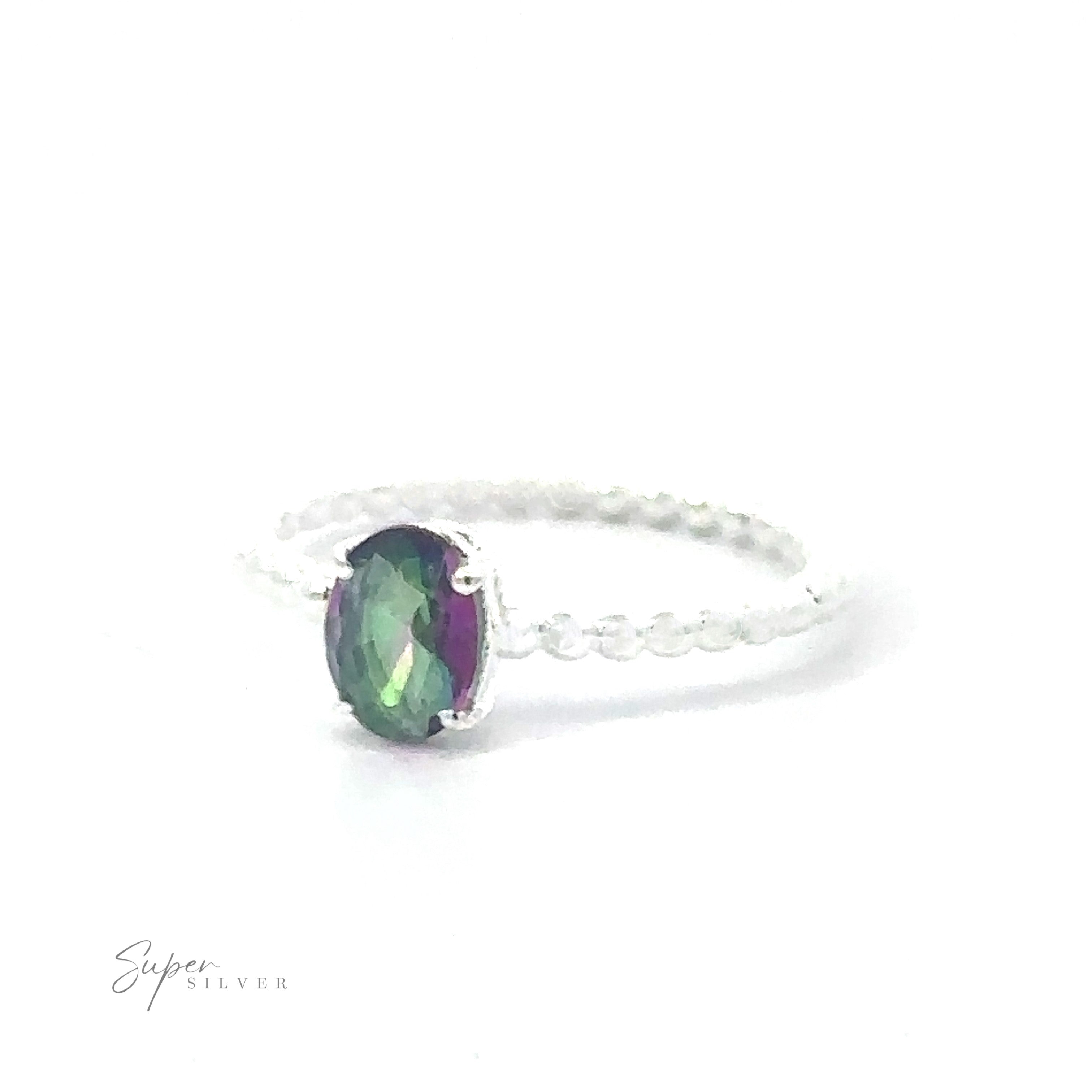 A Stunning Oval Gemstone Ring with Beaded Band featuring a multicolored amethyst on a white background.