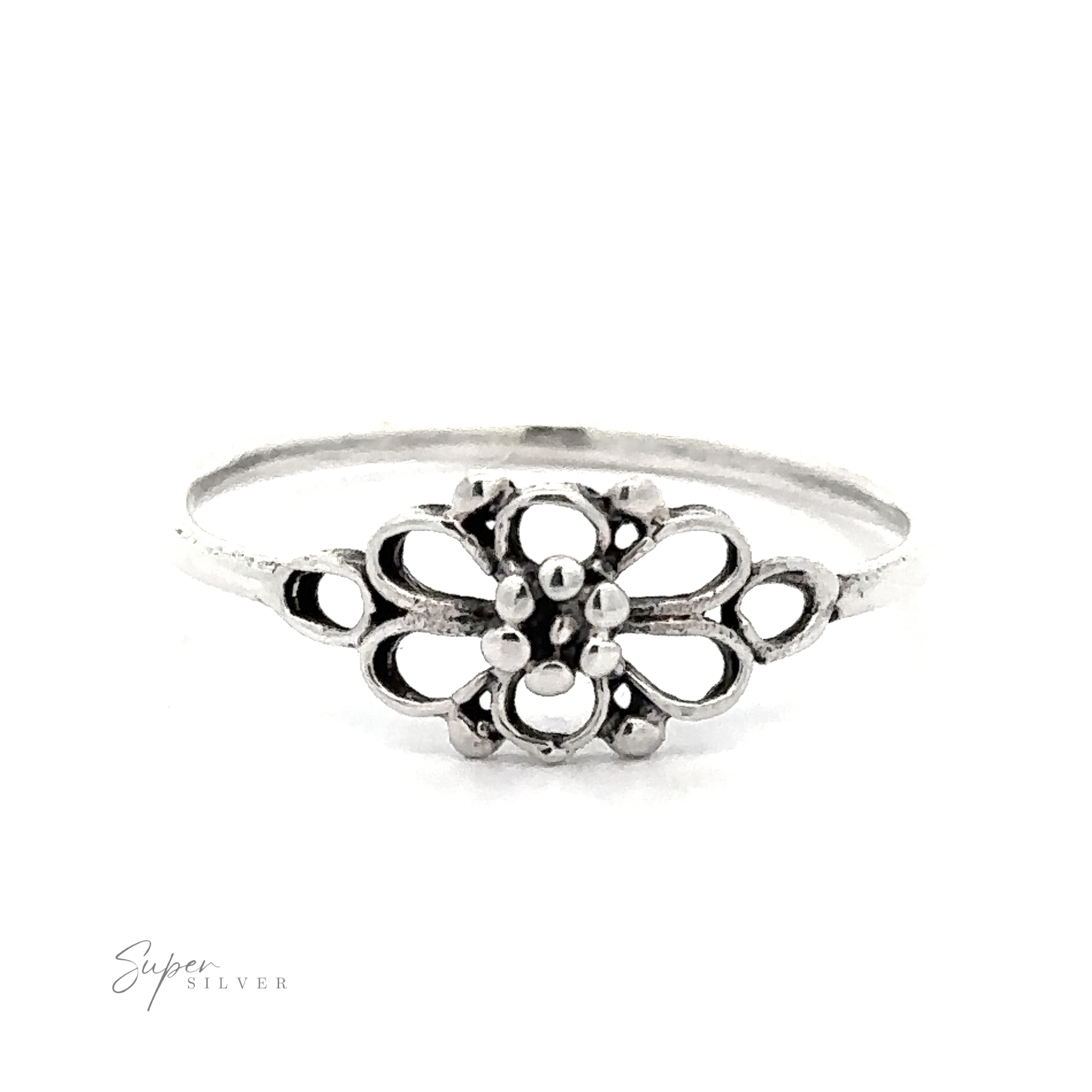 Petite Open Flower Ring with a floral design on a white background.