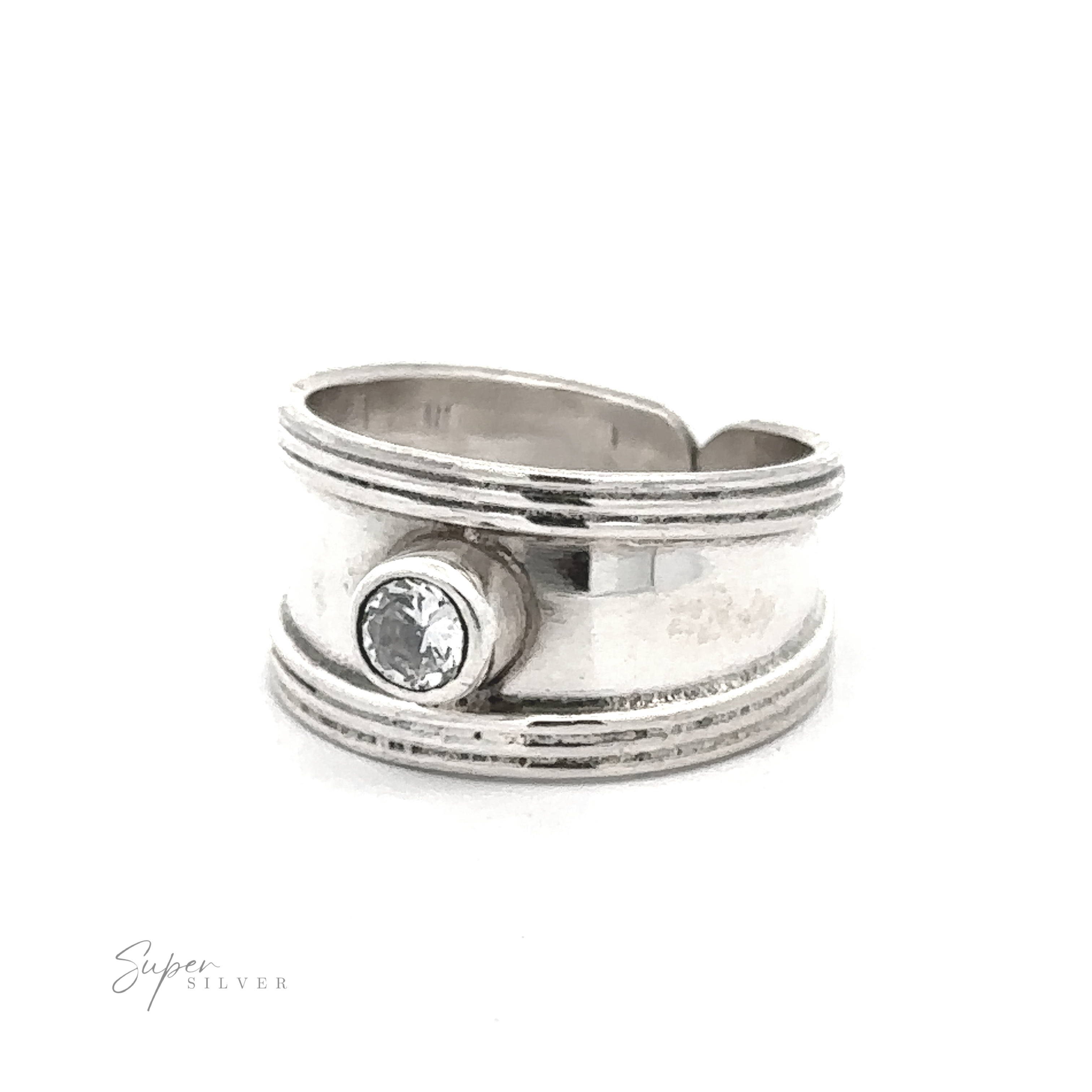 Adjustable Wide Cigar Band Toe Ring with Gemstone featuring a minimalist design with a single clear stone set in the center. The band is split and overlaps slightly.