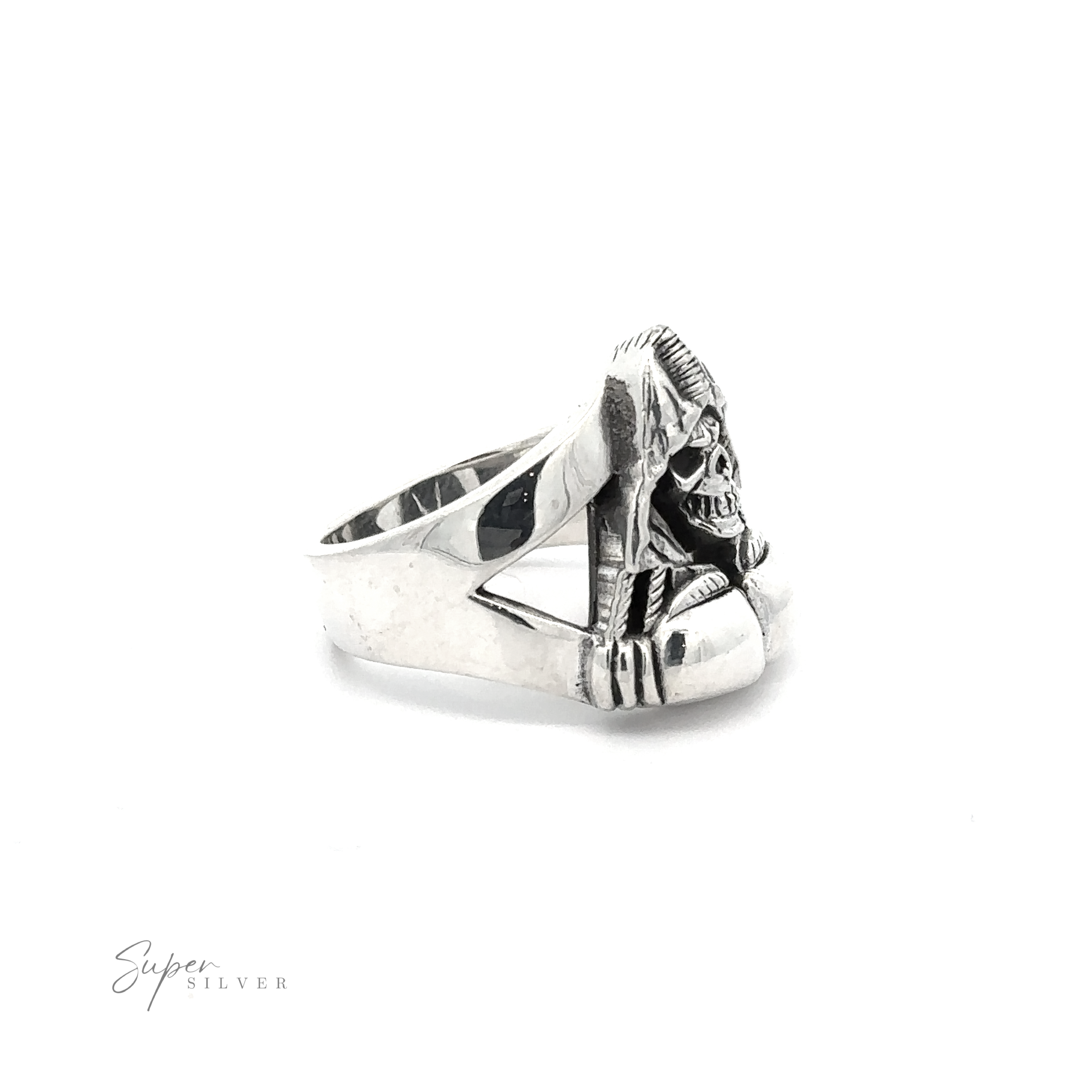 A Grim Reaper With Boxing Gloves Ring featuring a sculpted skull design with intricate details, crafted from .925 Sterling Silver. The band has a thick and sturdy appearance, embodying the essence of a heavy silver ring. "Super Silver" logo in the bottom left corner.