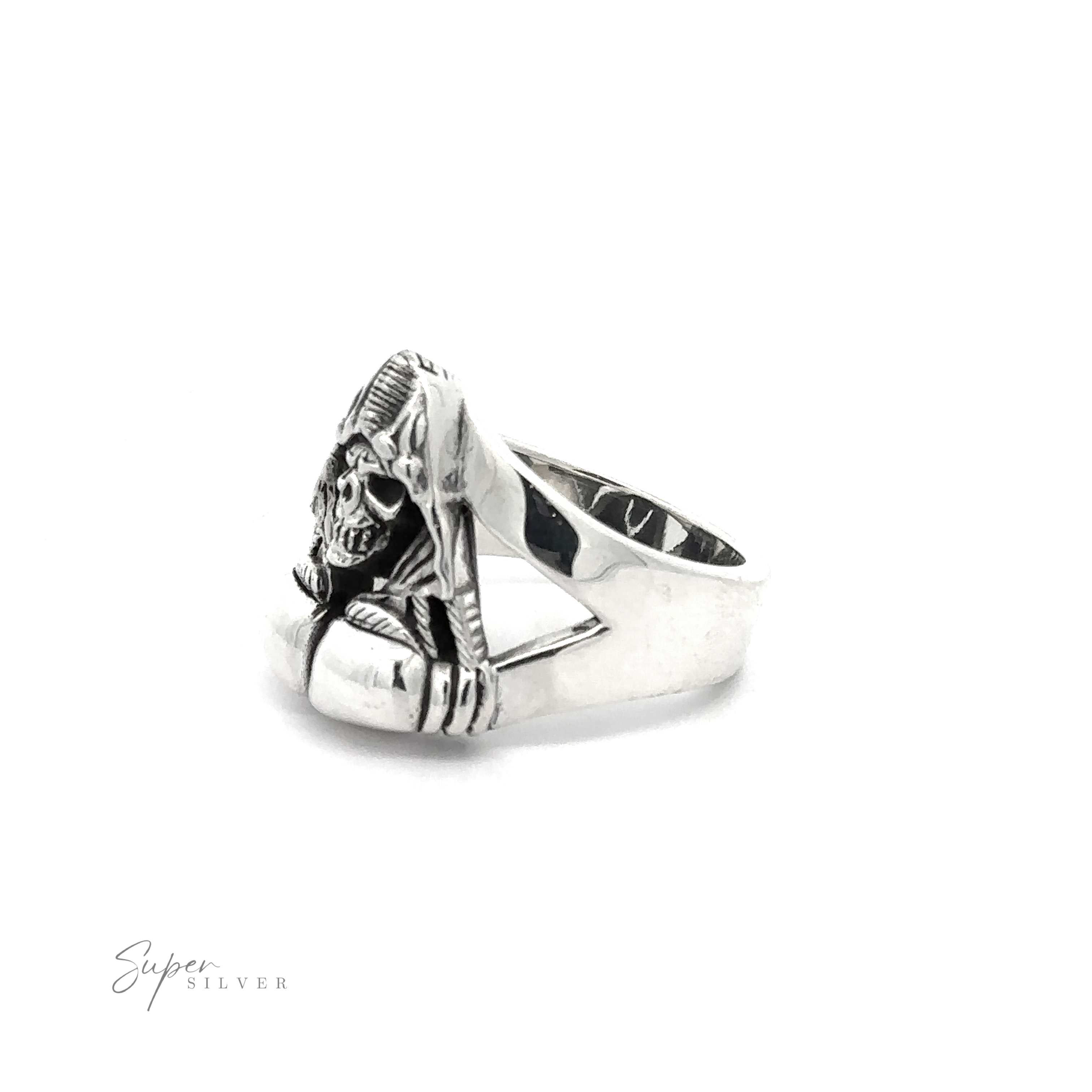 A heavy silver ring featuring a detailed design of an ancient Egyptian pharaoh's head, crafted in .925 Sterling Silver, with the brand name "Grim Reaper With Boxing Gloves Ring" in the bottom left corner.