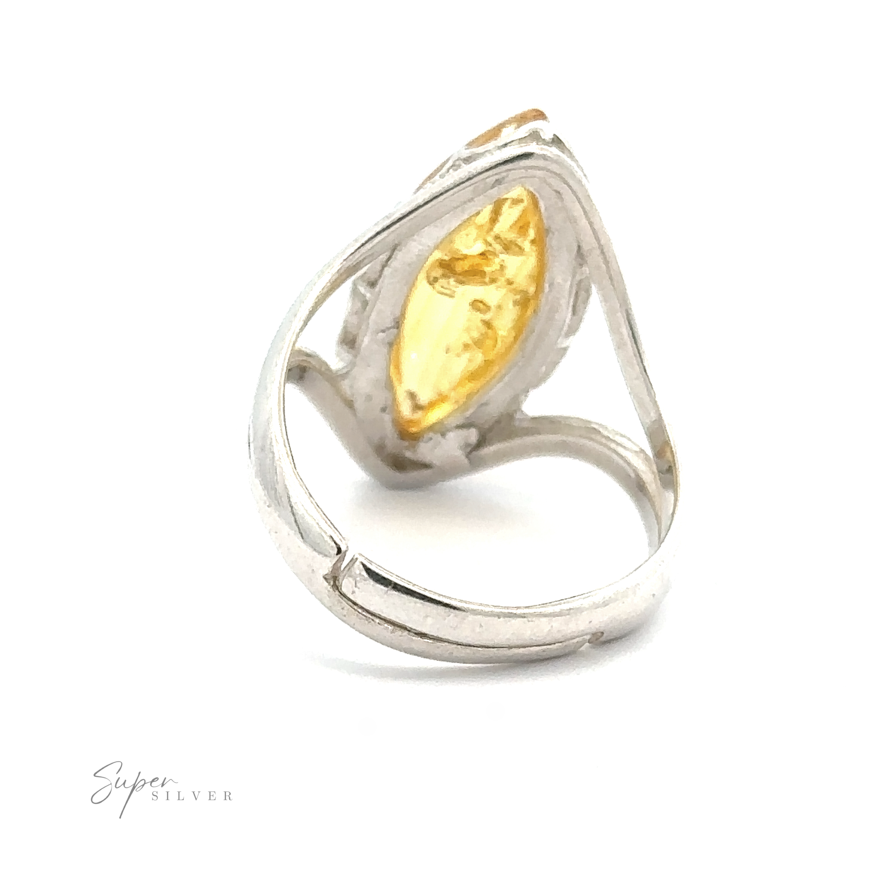 A Marquise-Shaped Baltic Amber Adjustable Ring with a marquise-cut yellow gemstone set in a pear-shaped design, featuring the text "Super Silver" in the bottom left corner, and an adjustable band for a perfect fit.