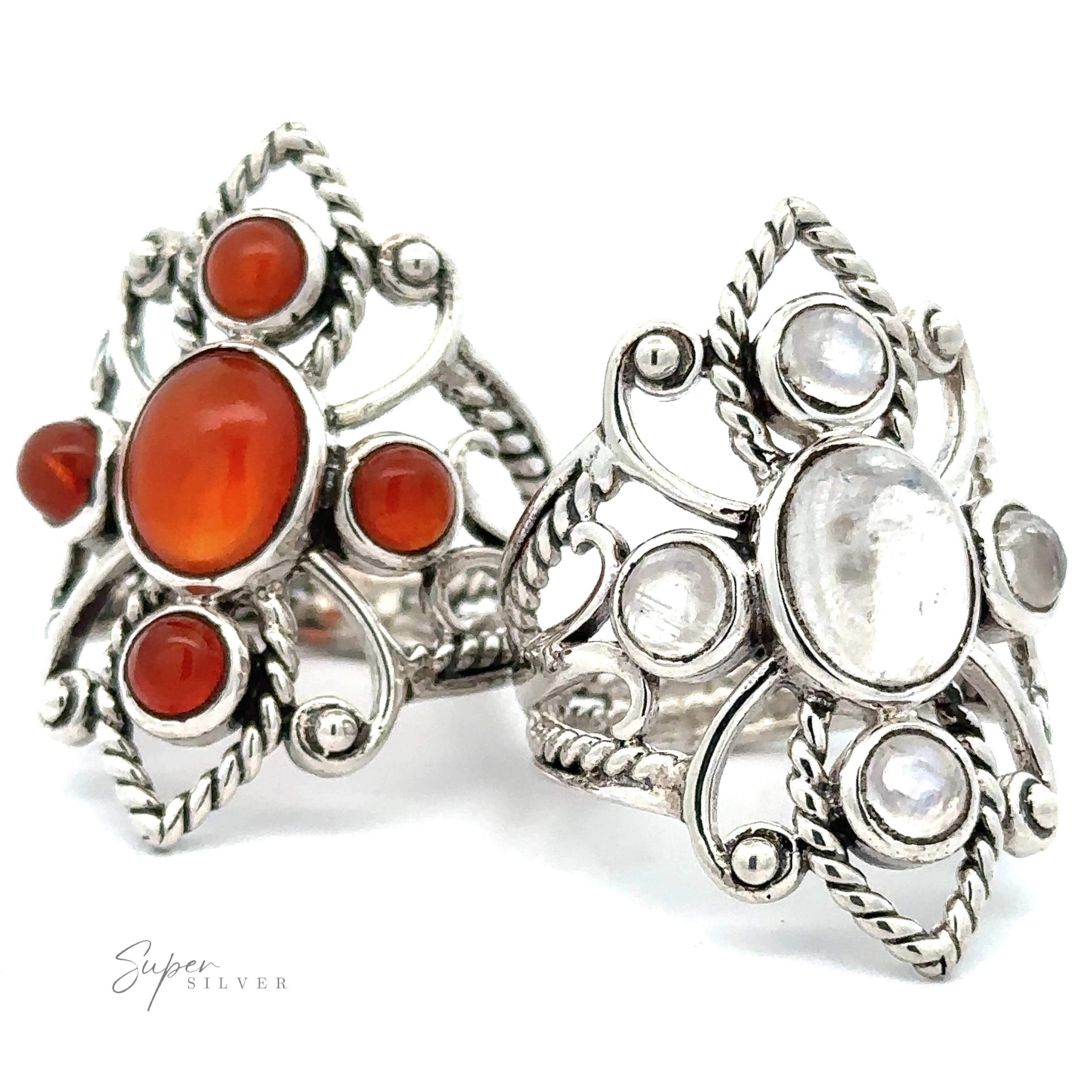 Two Online Only Exclusive Multistone Rings with carnelian and moonstone gemstones on a white background.
