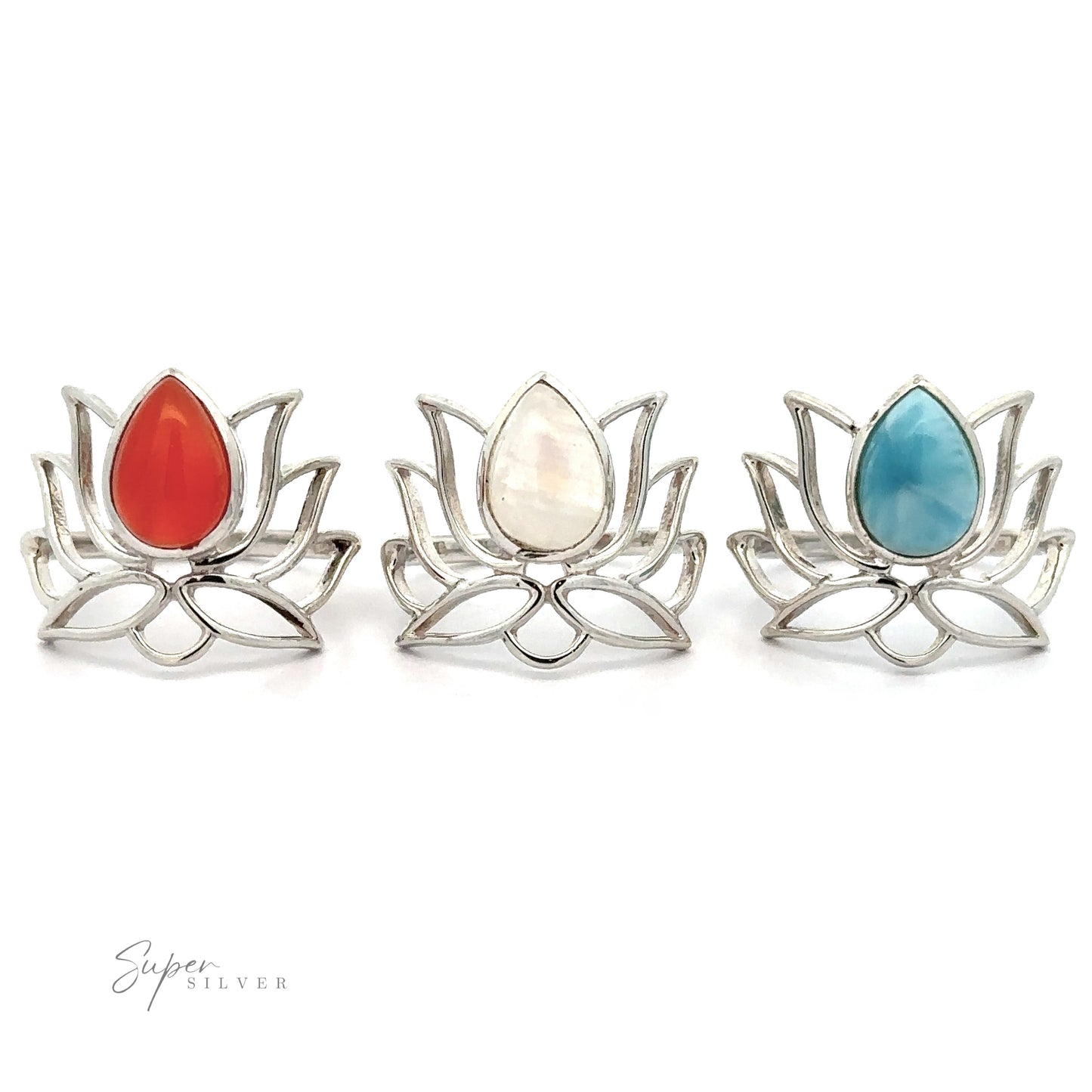 
                  
                    Three Online Exclusive Teardrop Stone Lotus Rings, each set with a different colored teardrop gemstone (orange, white, and blue) displayed against a white background.
                  
                