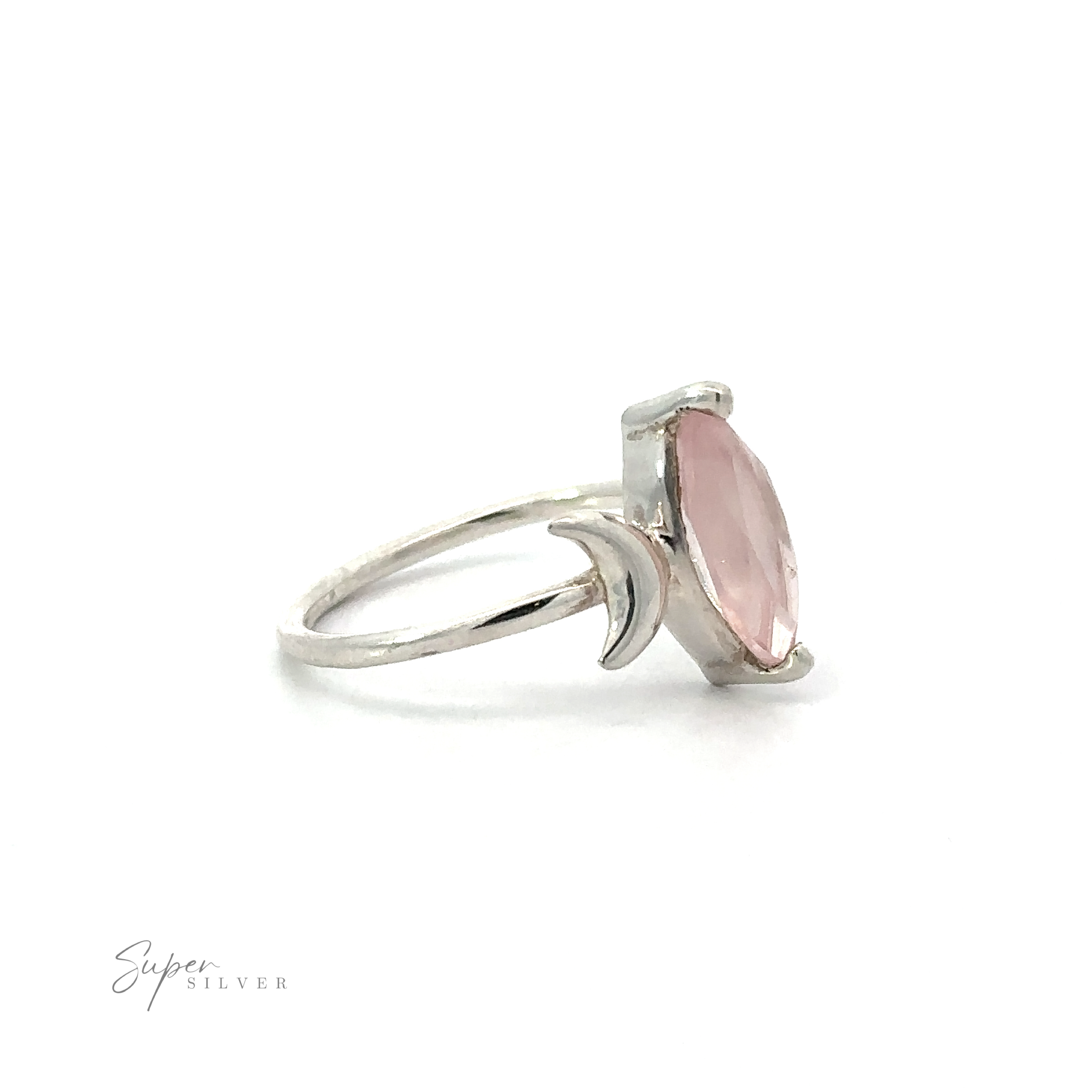 Online Only Exclusive Rose Quartz Crescent Moon Ring with a pink gemstone in a bezel setting, isolated on a white background with a subtle "Super Silver" signature at the bottom.