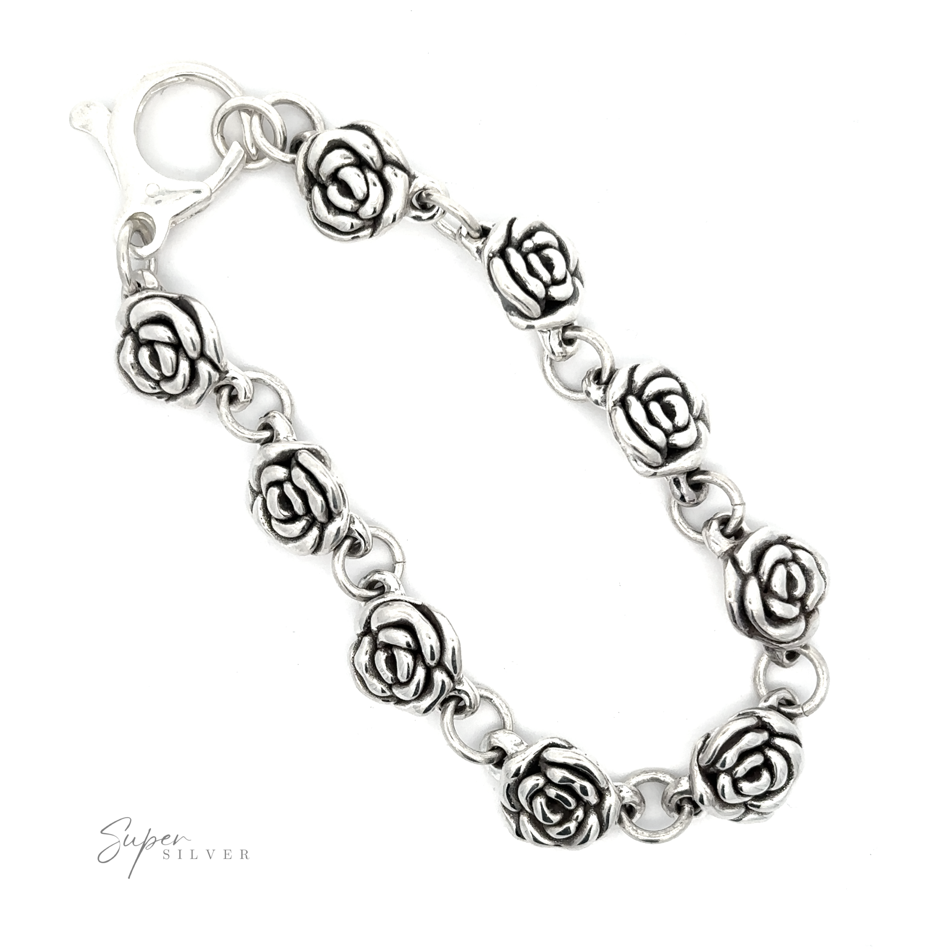 A Chic Link Rose Bracelet featuring ten rose-shaped links and a lobster clasp. The brand name "Super Silver" is visible in the bottom left corner, giving it a subtle vintage vibe.