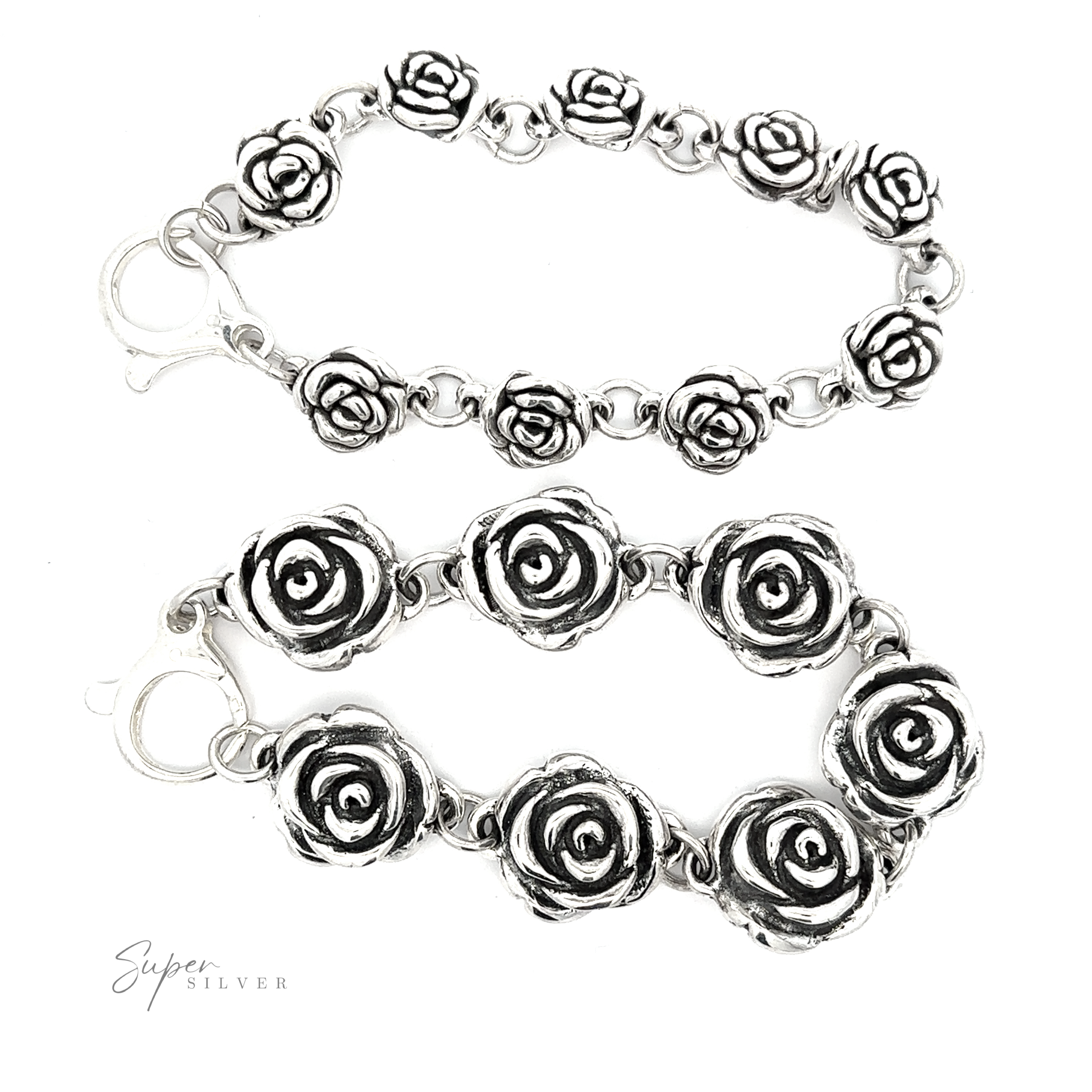 Two Chic Link Rose Bracelets with vintage vibes are displayed on a white background. One bracelet features smaller roses, while the other showcases larger blooms. The "Super Silver" logo is elegantly positioned in the bottom left corner.