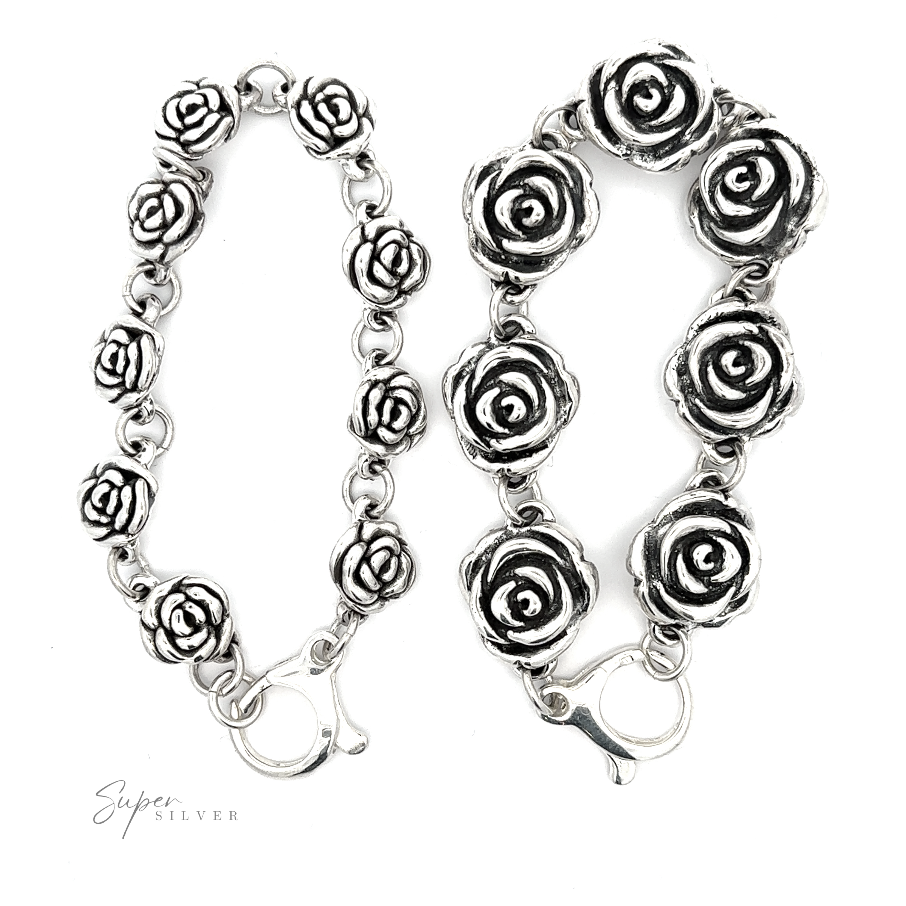 Two Chic Link Rose Bracelets are displayed side by side on a white background. One bracelet has smaller roses, the other has larger ones, giving off a vintage vibe. Both clasps are visible.