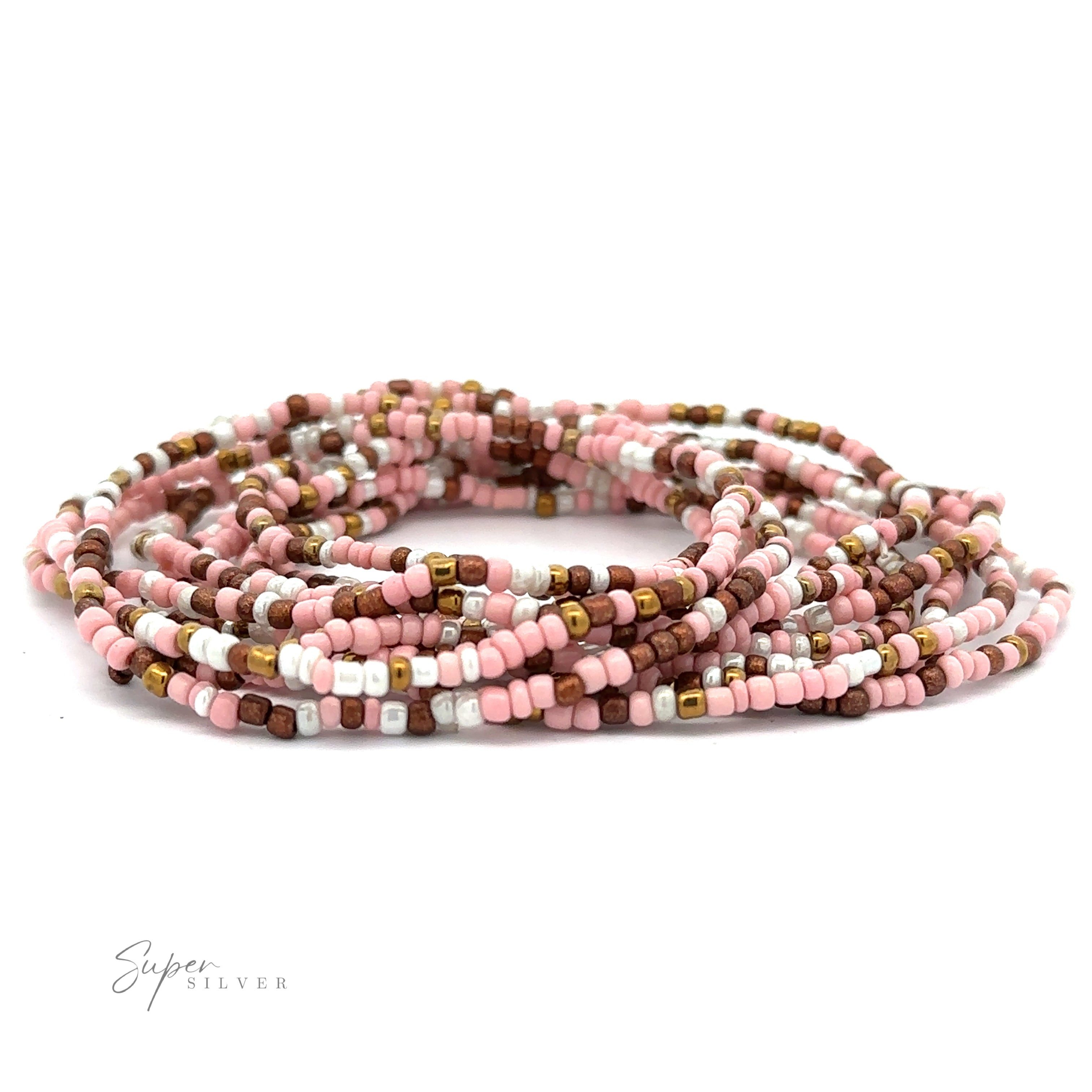 A coiled strand of Dainty Beaded Bracelets in shades of pink, brown, white, and gold, arranged in a loop against a white background. The "Super Silver" logo is visible in the bottom left corner.