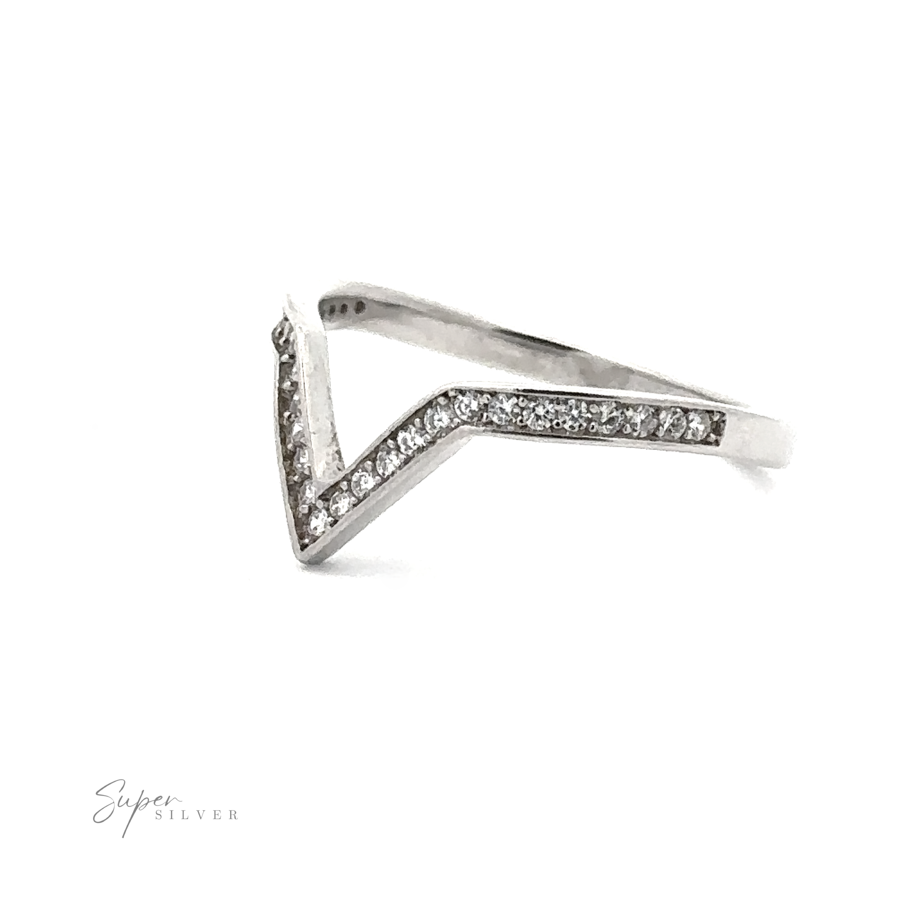 A Channel Set Cubic Zirconia Chevron Ring, adorned with small cubic zirconia stones along the top. The brand logo "Super Silver" is visible in the bottom left corner.