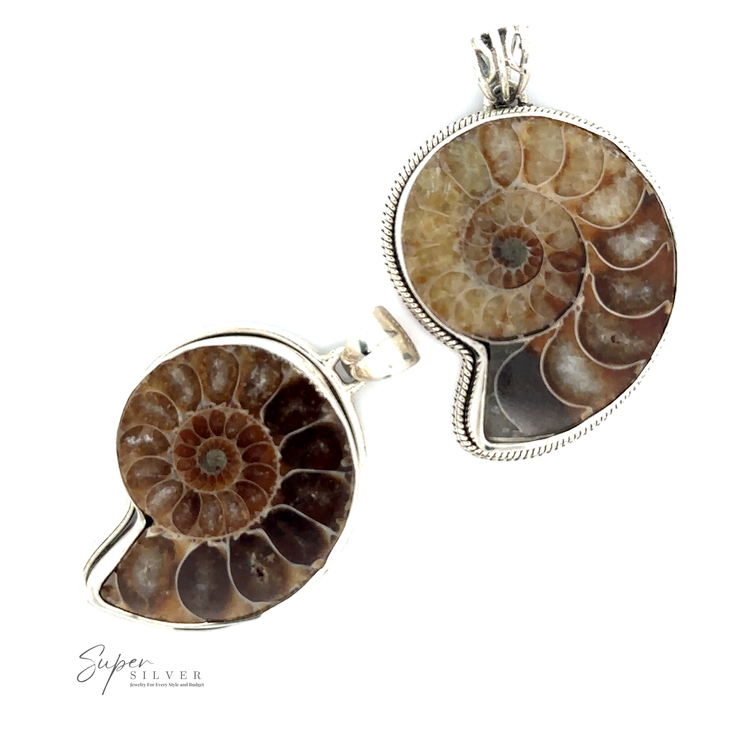 Two Nautilus Pendants with intricate spiral patterns are encased in sterling silver. The silver setting highlights the natural beauty of the pendants against a white background, making these nautilus-like pieces truly stand out.
