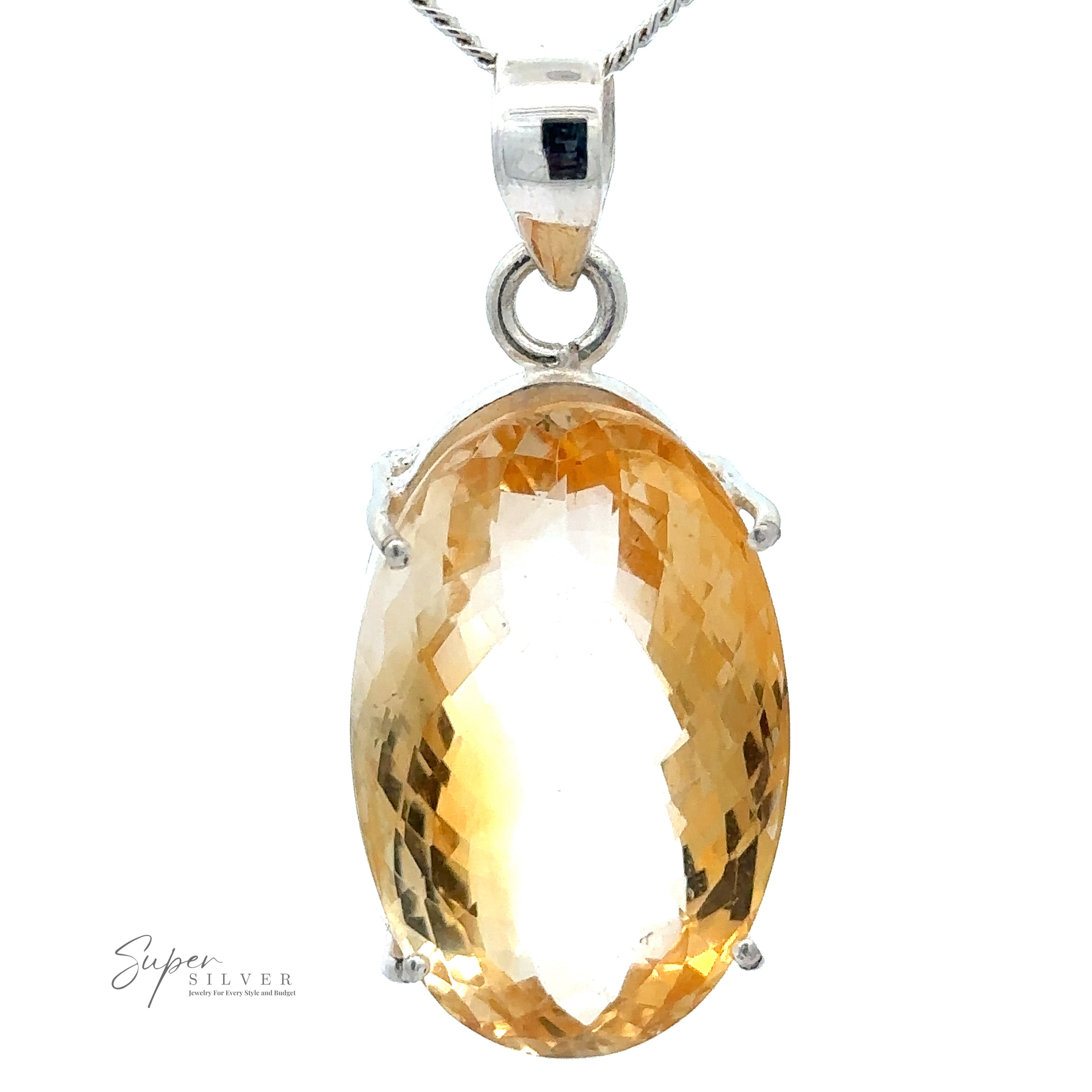 A pendant necklace featuring an oval-shaped, faceted cut yellow gemstone set in a sterling silver mount. The chain is also sterling silver. The "Brilliant Pronged Citrine Pendant" logo is visible in the bottom left corner.