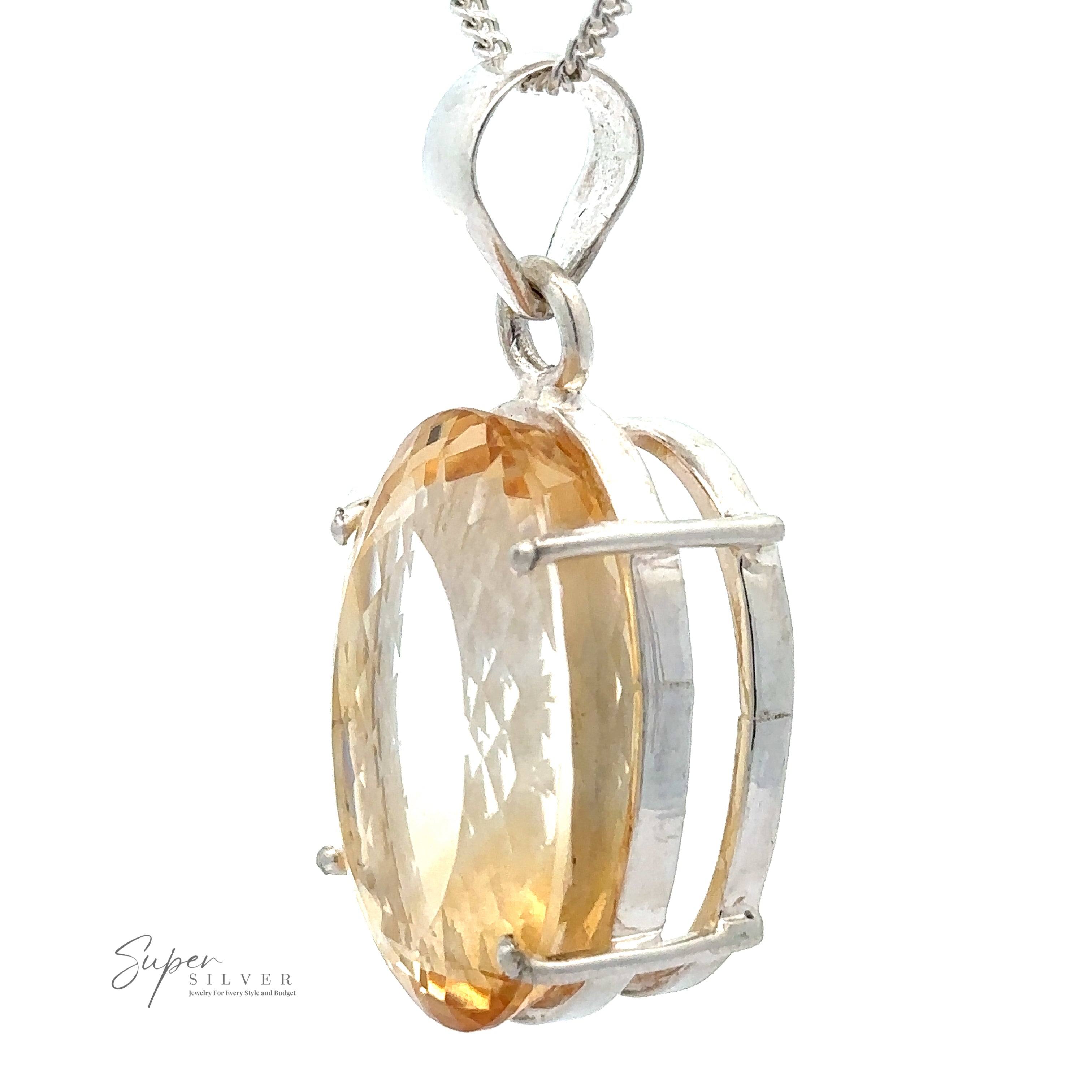 A **Brilliant Pronged Citrine Pendant** featuring an oval-shaped, faceted cut yellow gemstone set in a .925 Sterling Silver cage frame is suspended from a silver chain.