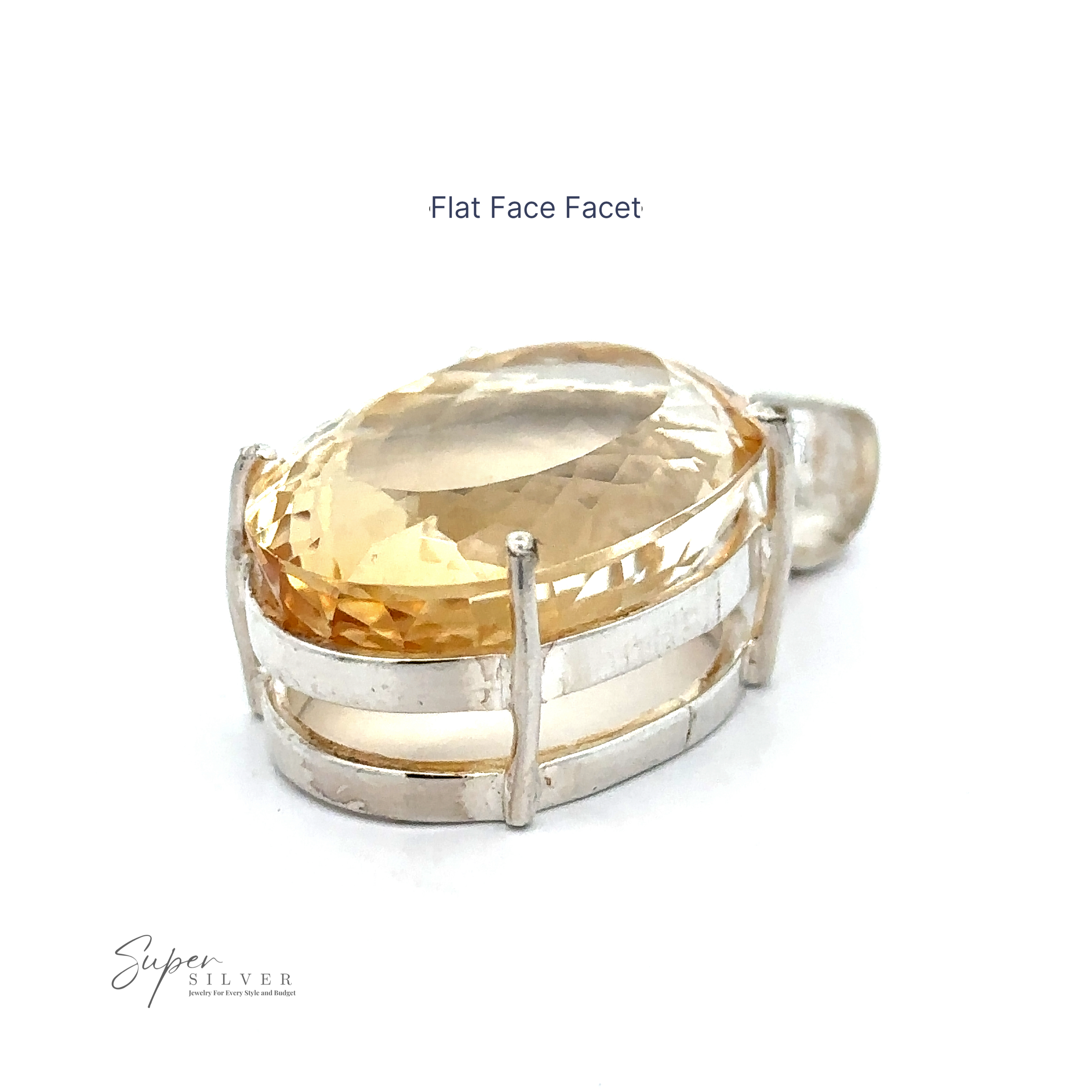 A Brilliant Pronged Citrine Pendant featuring an oval, flat-face faceted citrine gemstone with a yellow hue. The pendant has a cage-like design with vertical supports.
