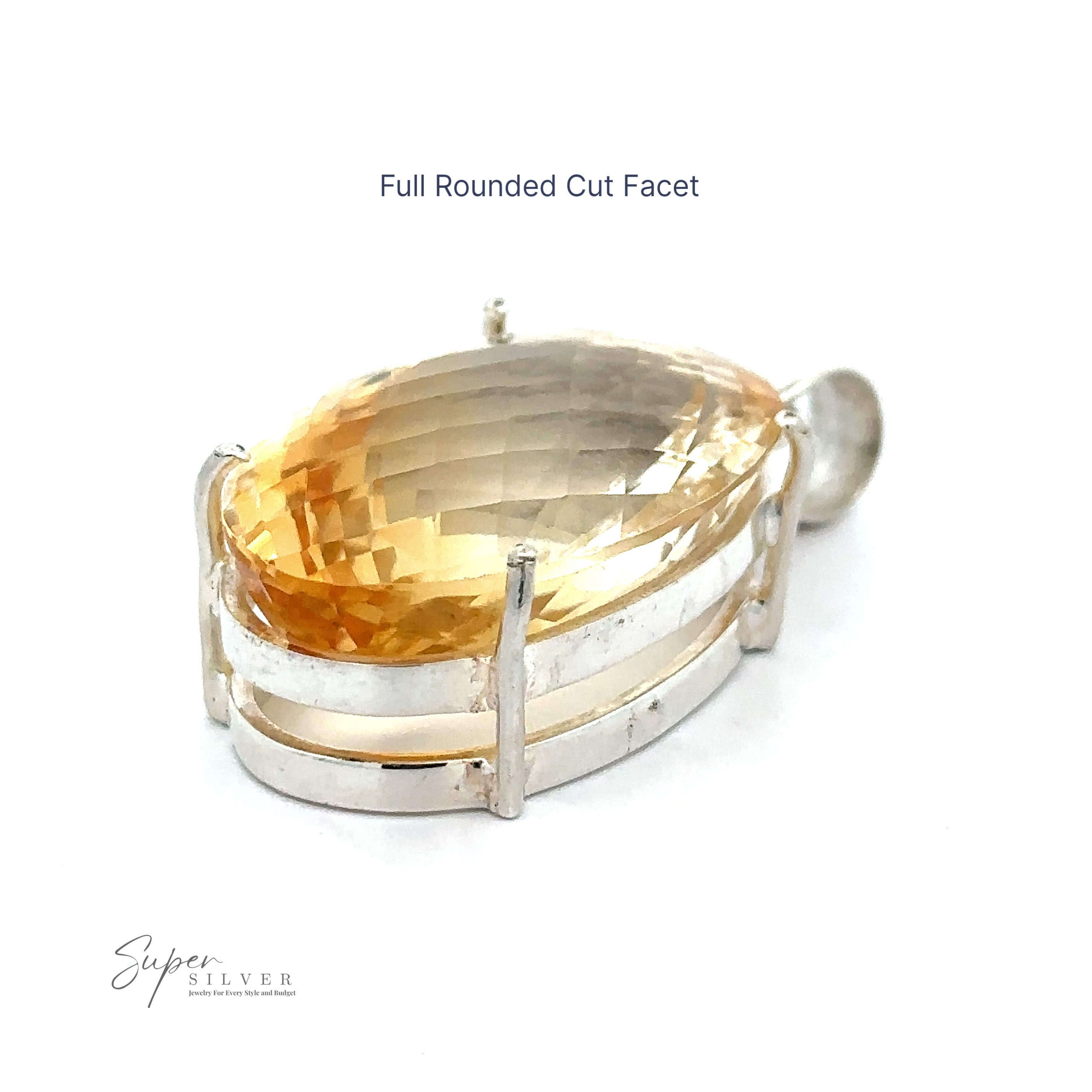 Oblong faceted gemstone set in a horizontal, sterling silver pendant with the text "Brilliant Pronged Citrine Pendant" above it and "Super Silver" logo at the bottom left.