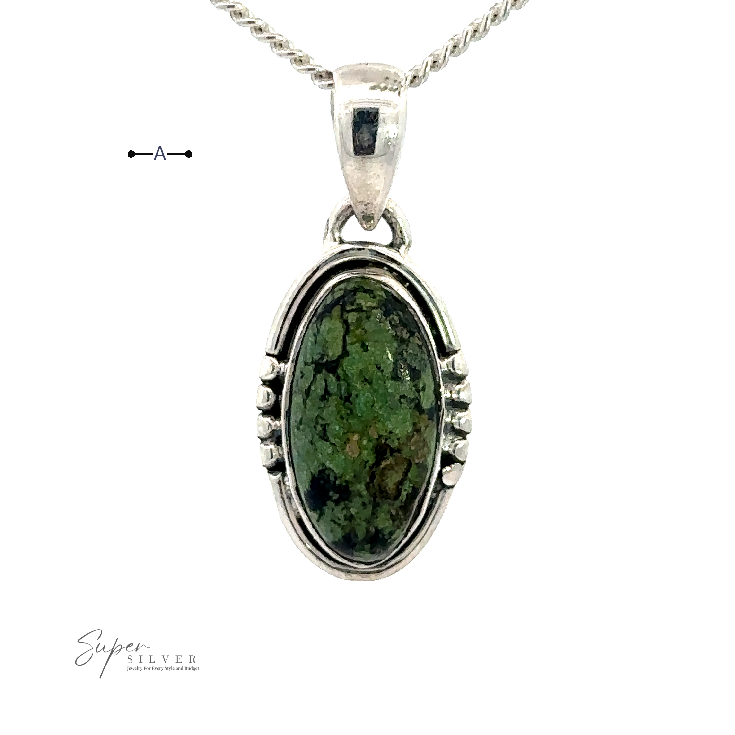 An oval-shaped green gemstone pendant set in handmade sterling silver with intricate details, hanging from a silver chain. The image also includes the "Super Silver" brand logo.
Updated Sentence: A Natural Turquoise Elongated Oval Pendant set in handmade sterling silver with intricate details, hanging from a silver chain. The image also includes the "Super Silver" brand logo.