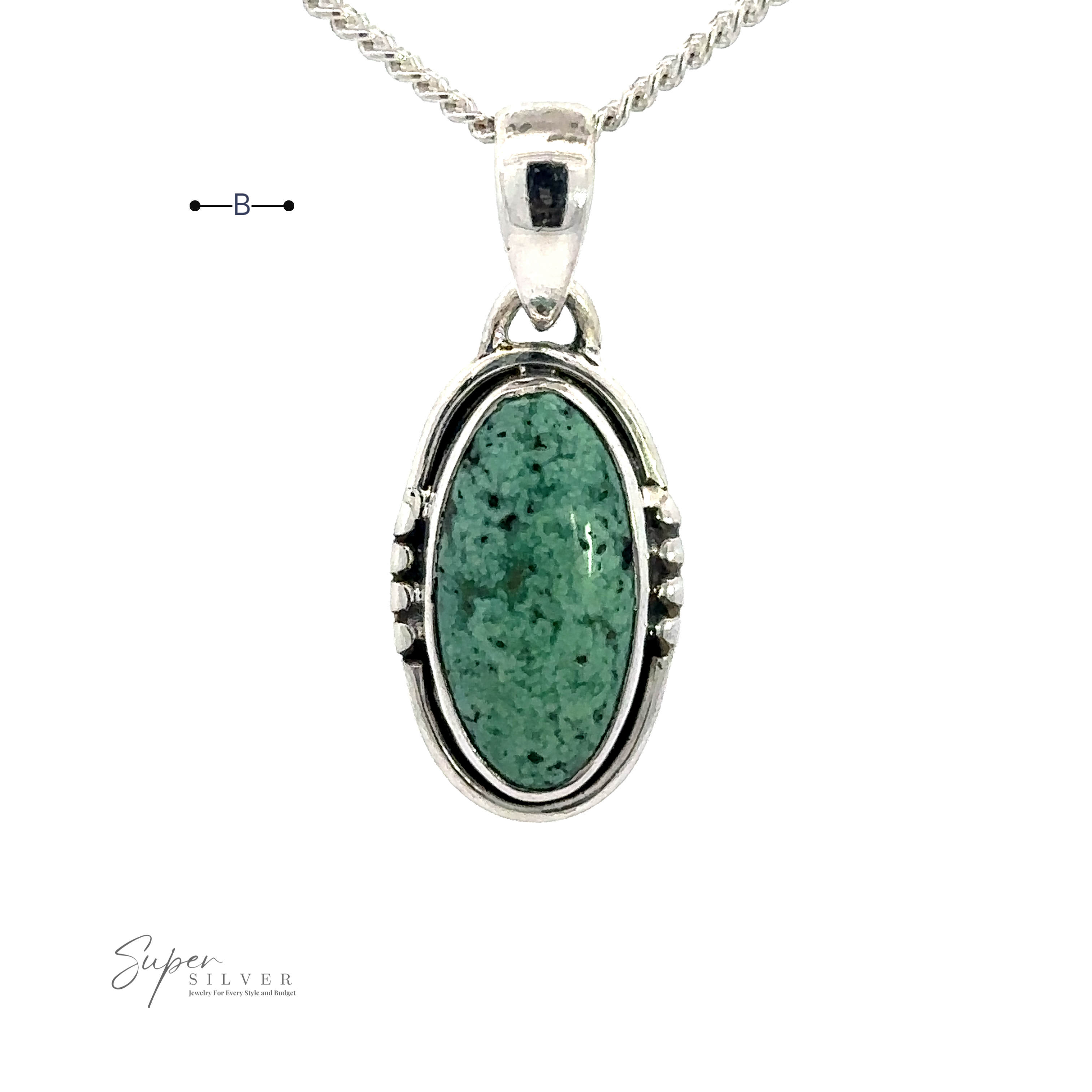 An oval green stone pendant set in handmade sterling silver, attached to a silver chain, with the text "Natural Turquoise Elongated Oval Pendant" in the corner.
