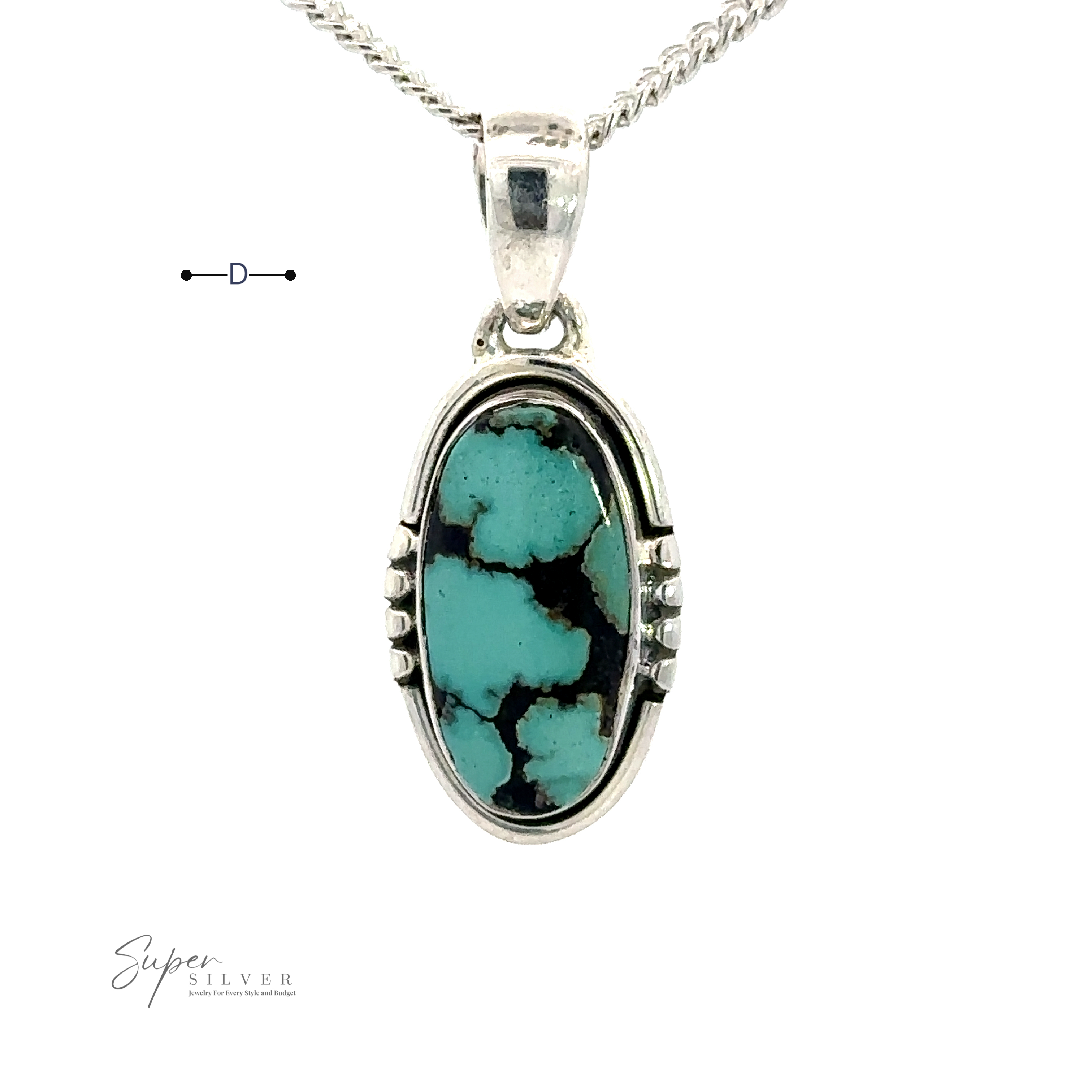 A handmade sterling silver necklace with a Natural Turquoise Elongated Oval Pendant featuring black matrix patterns. The Natural Turquoise Elongated Oval Pendant has decorative silver accents on the sides.