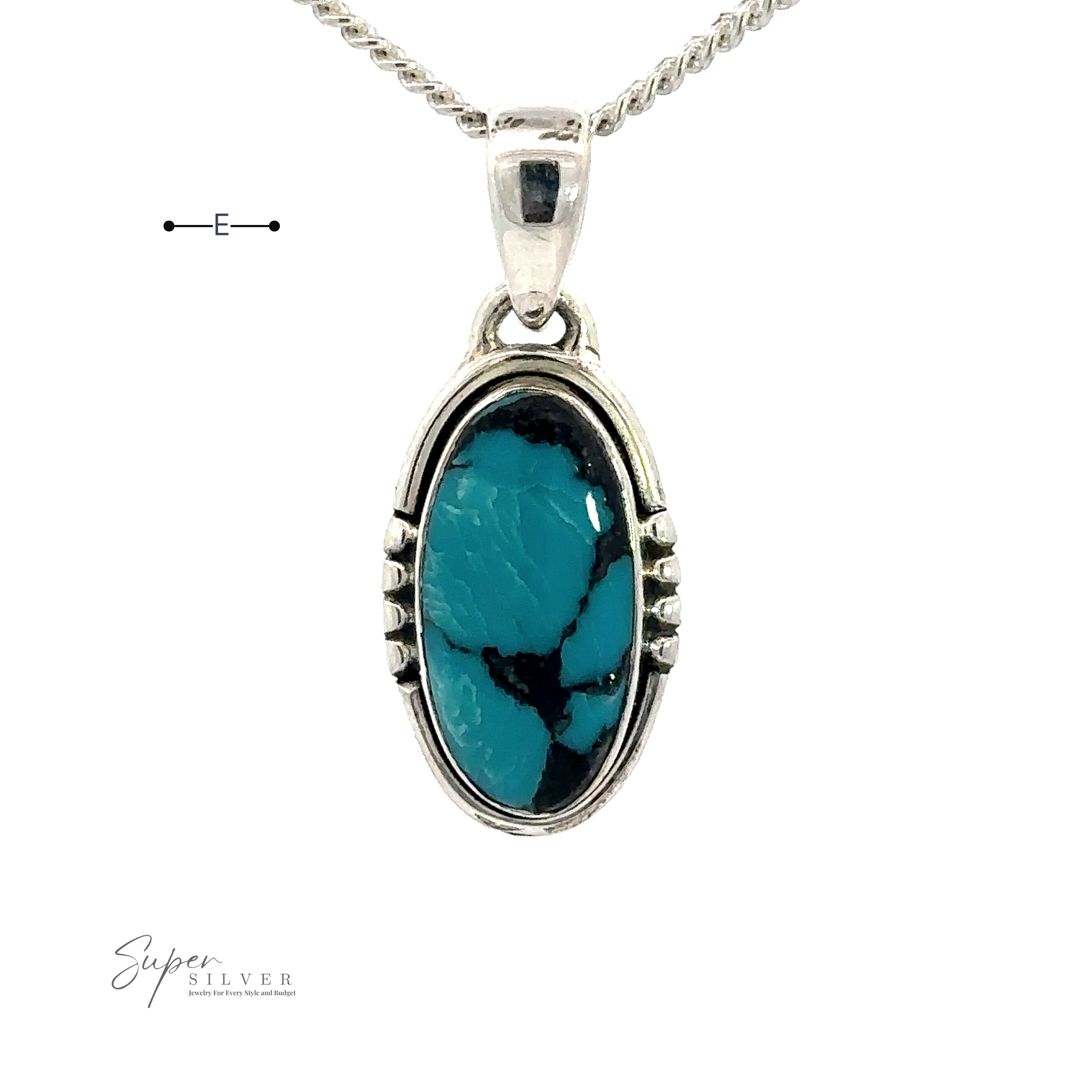 A Natural Turquoise Elongated Oval Pendant featuring a natural turquoise stone with black veining. The intricately designed .925 sterling silver pendant includes small, decorative details on its sides. Super Silver logo is visible at the bottom left.