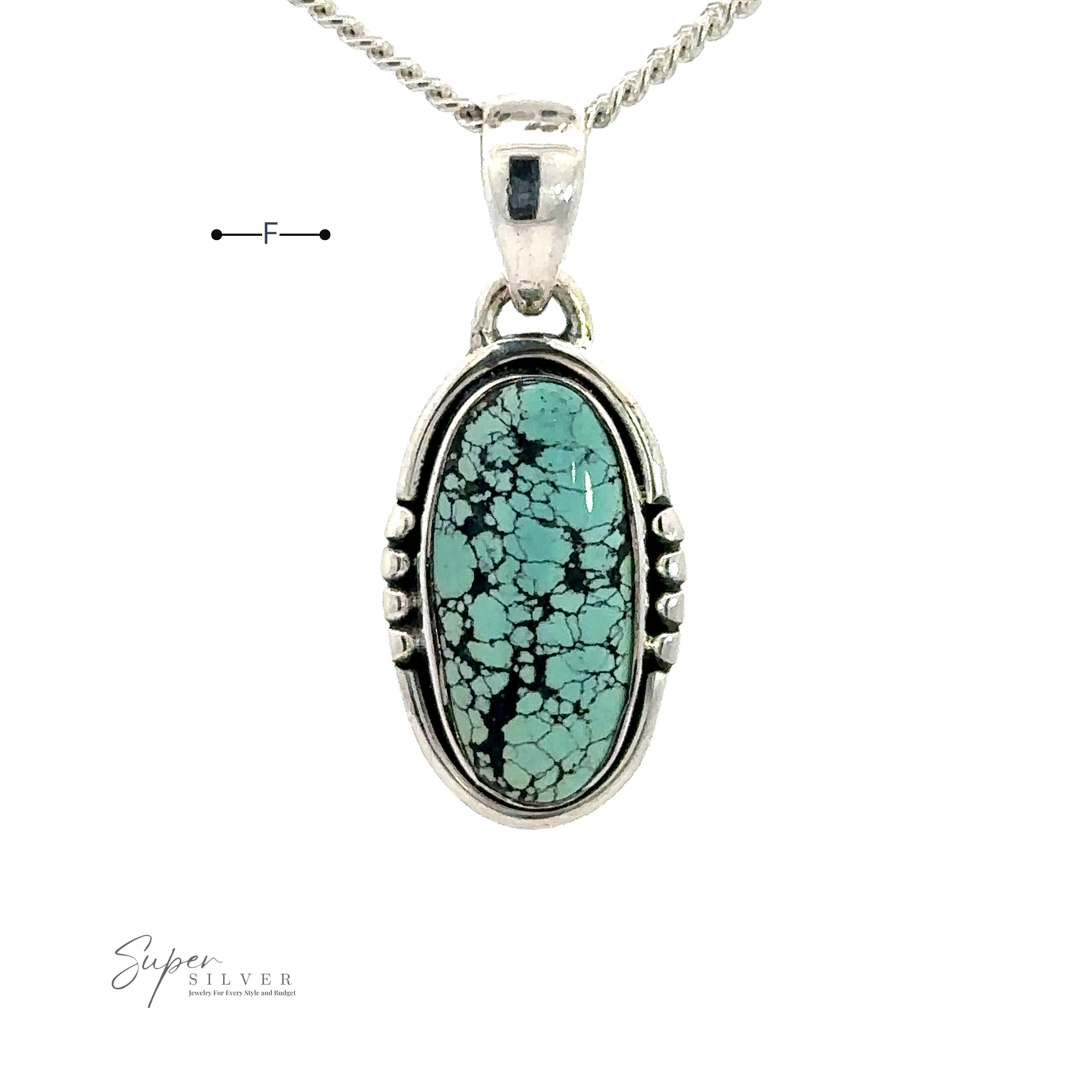 Natural Turquoise Elongated Oval Pendant with black matrix, encased in handmade sterling silver, hangs from a twisted silver chain. Logo in the bottom left corner reads "Super Silver.”